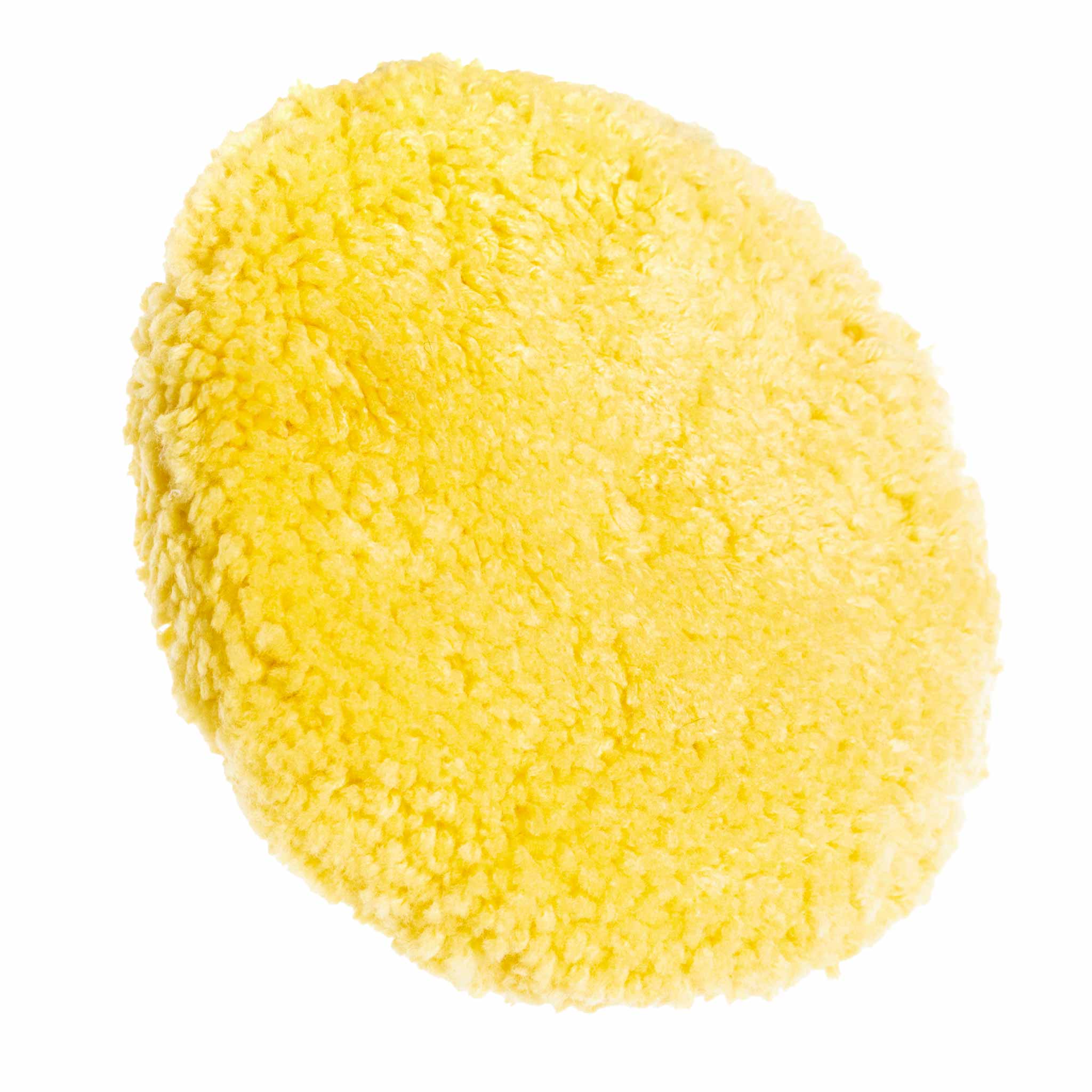 Yellow double sided wool buffing pad on a white background