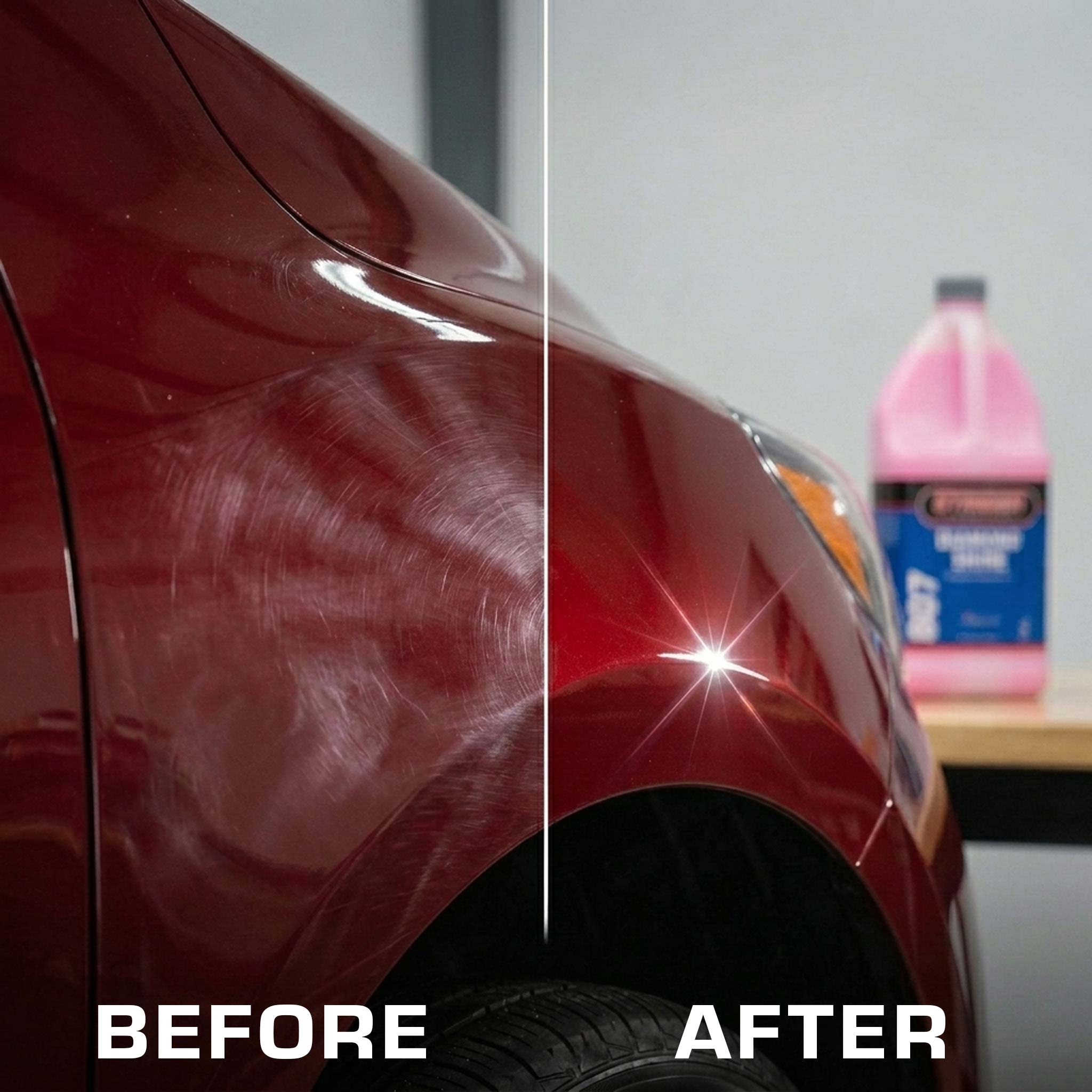 Before and after comparison of a red car's paint job with a bottle of diamond shine in the background.