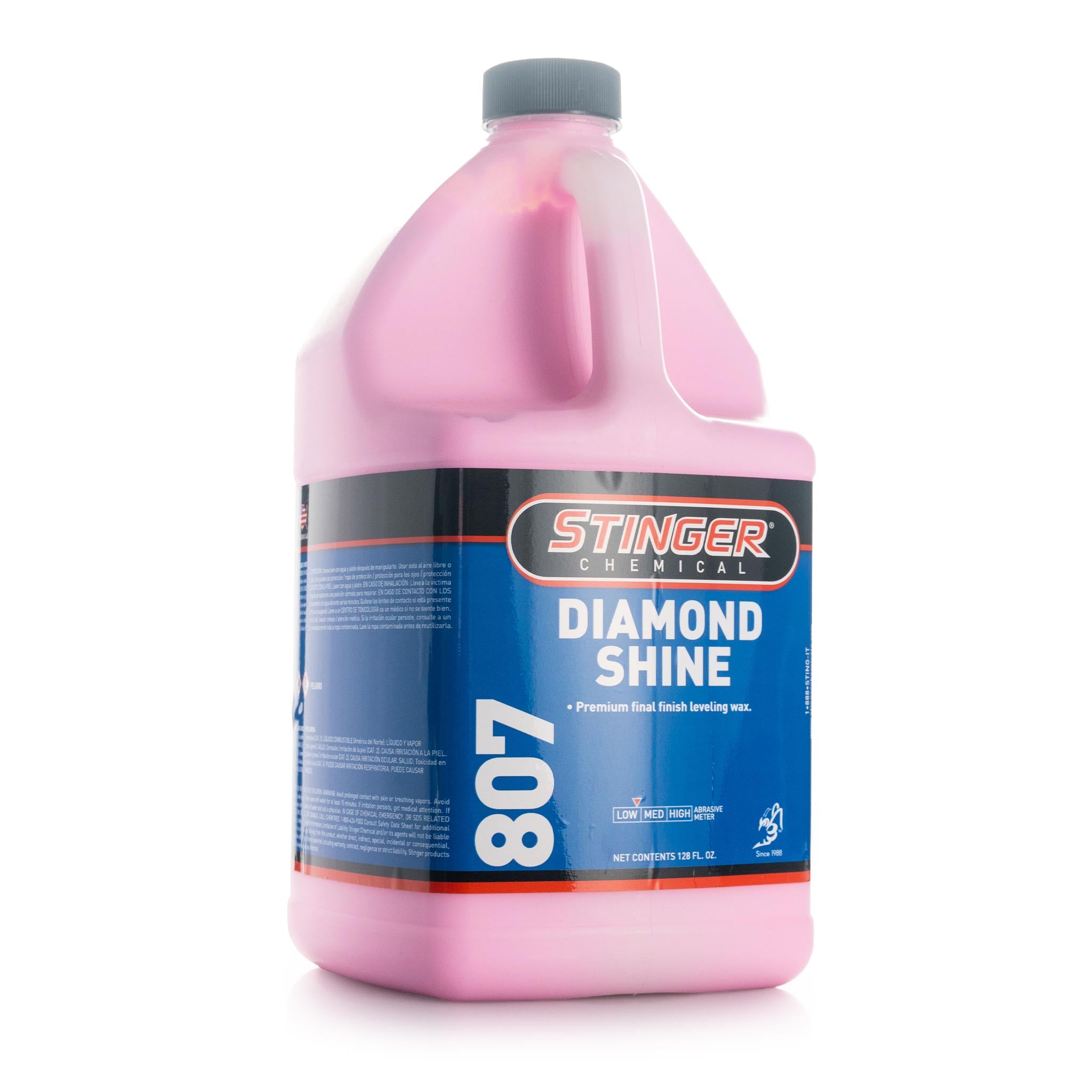 Pink bottle of Stinger Chemical Diamond Shine 807 on a white background