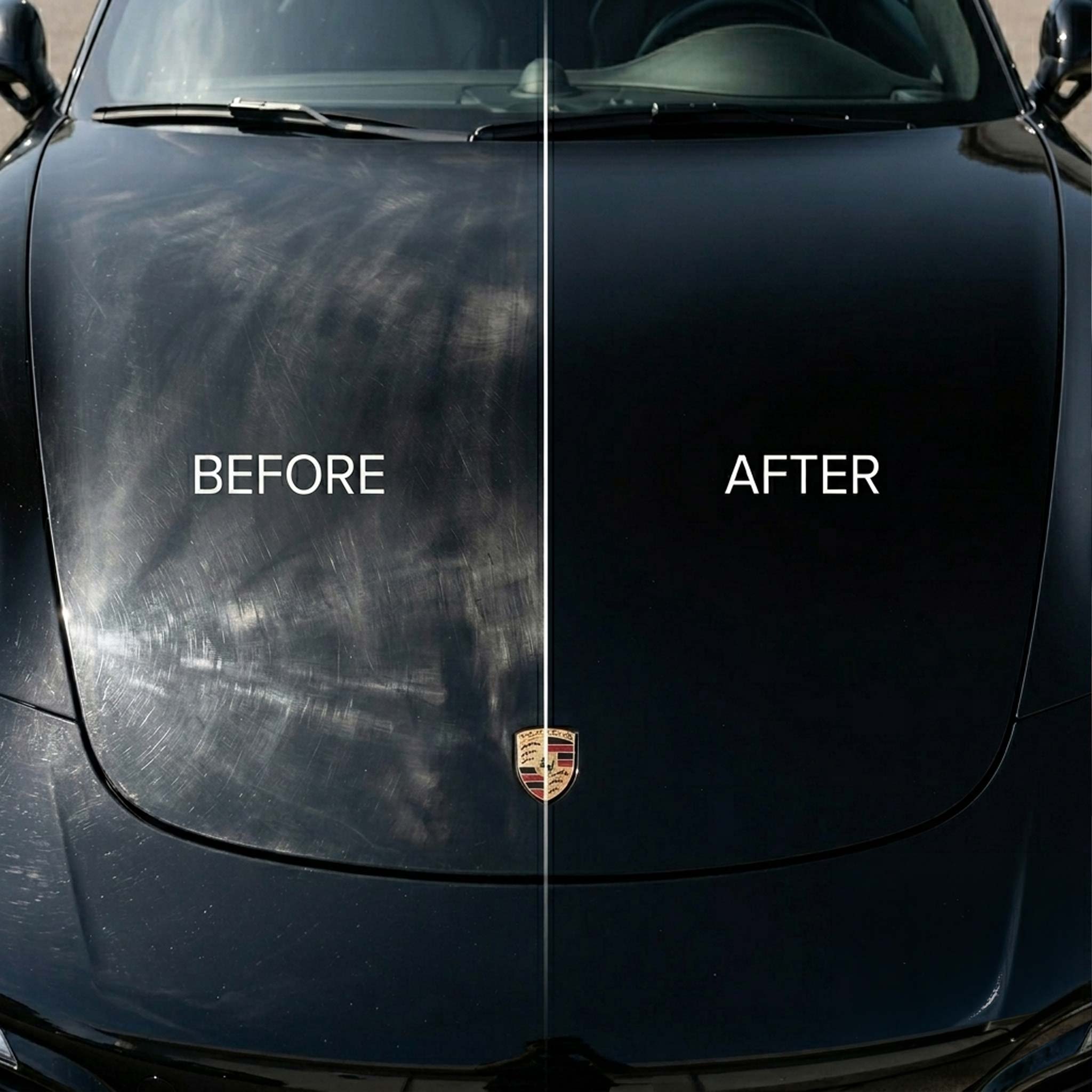 Before and after comparison of diamond cut compound a car's hood with Porsche logo