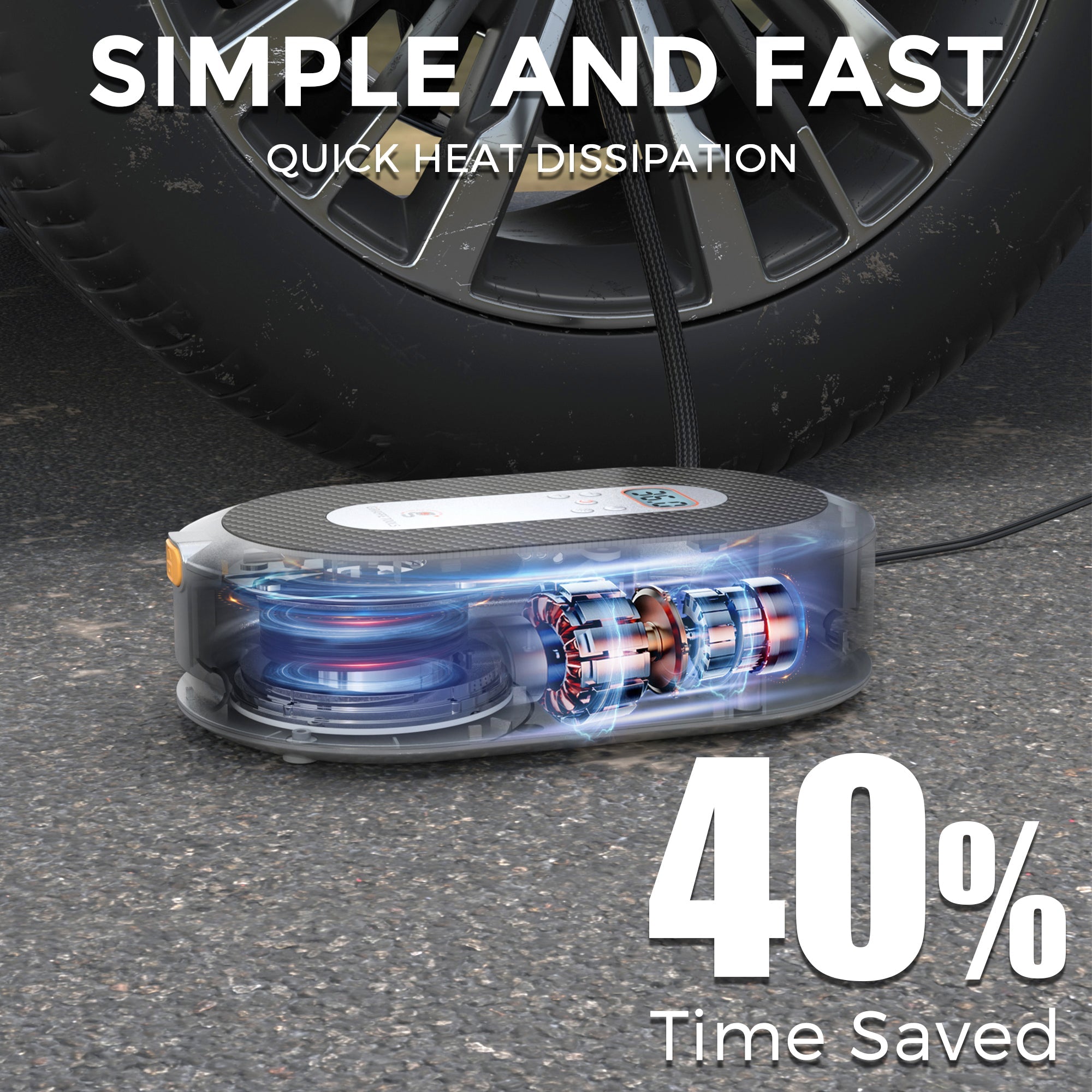 Heat dissipation device with a car tire in the background, emphasizing quick heat dissipation and time savings.