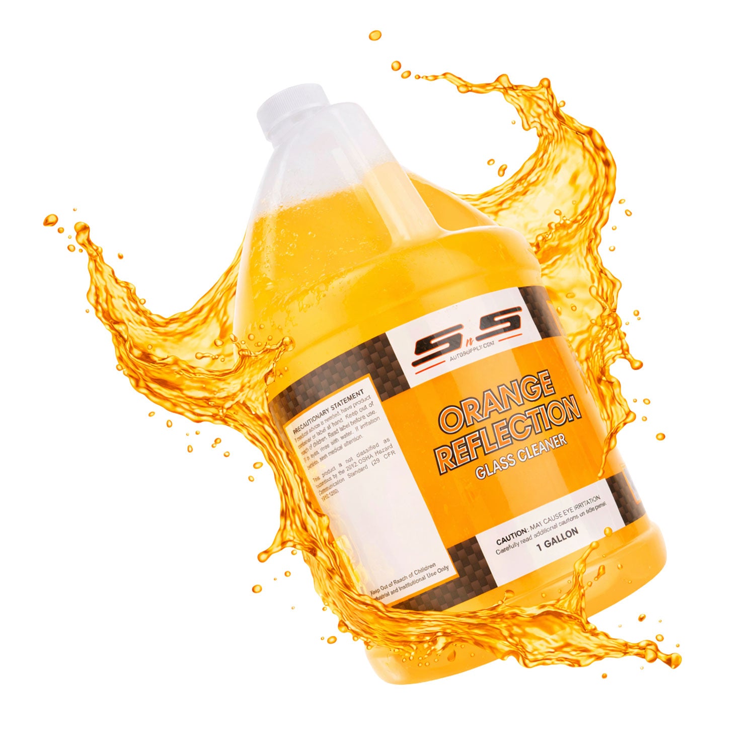 Bottle of Orange Reflection glass cleaner with orange liquid splashing around it on a white background