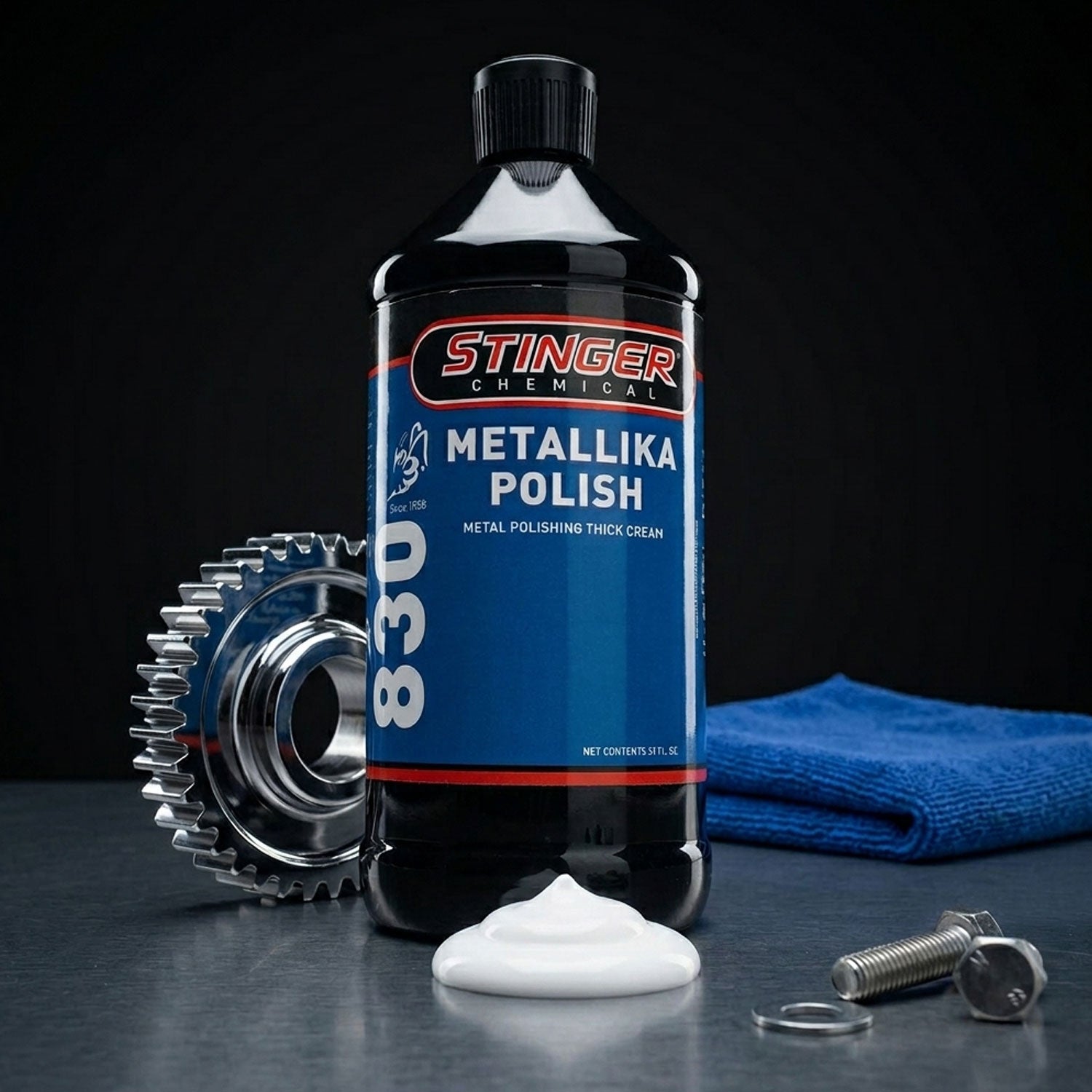 Bottle of Stinger Chemical Metallika Polish with a black background