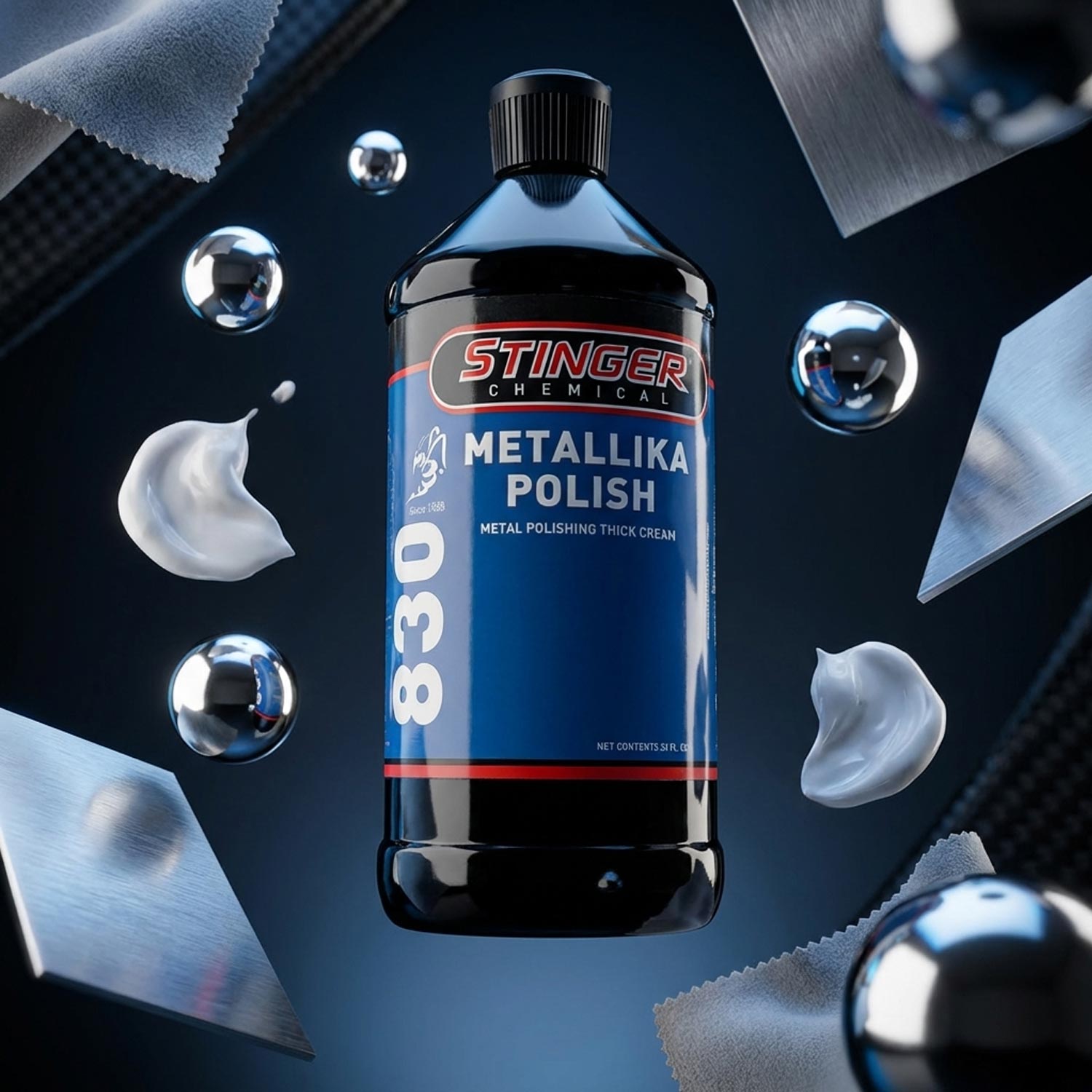 Bottle of Stinger Chemical Metallika Polish with metal polishing tools and cream on a dark background