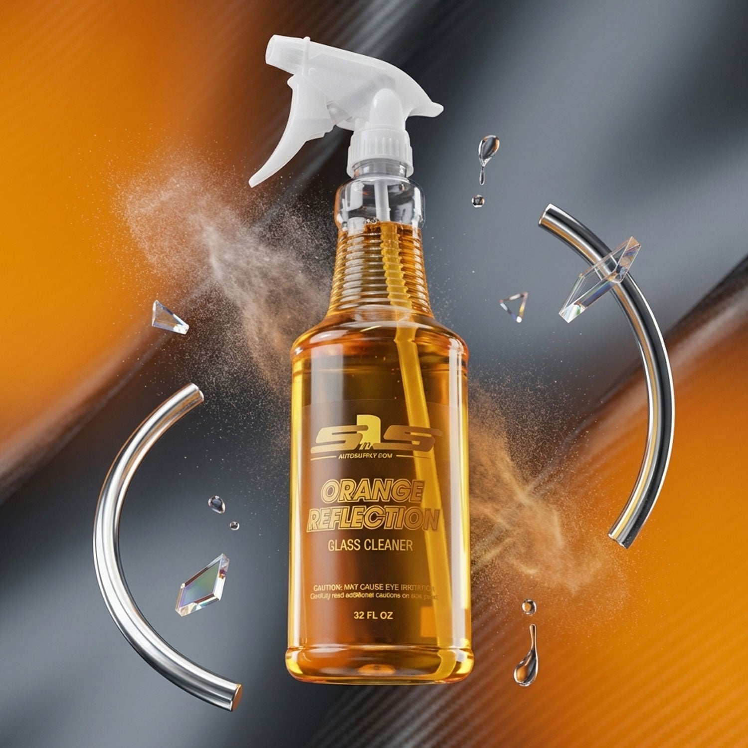 Orange Reflection glass cleaner bottle with spray nozzle on a dynamic background