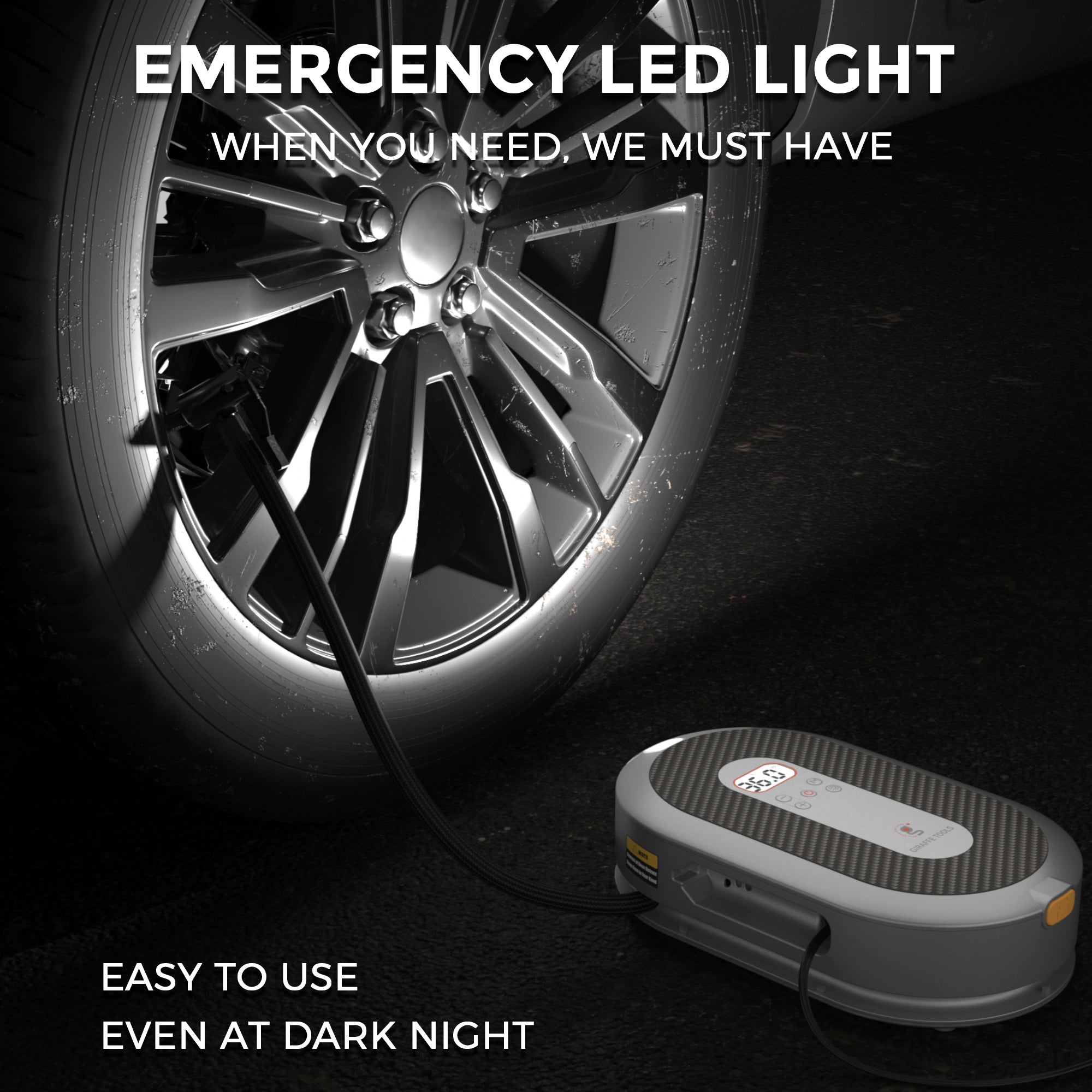 Emergency LED light attached to a car tire with text highlighting its use and features.