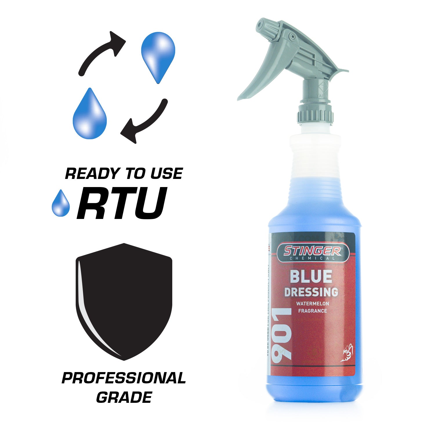 Spray bottle labeled 'Stinger Blue Dressing' with icons and text indicating 'Ready to Use', 'Professional Grade'.