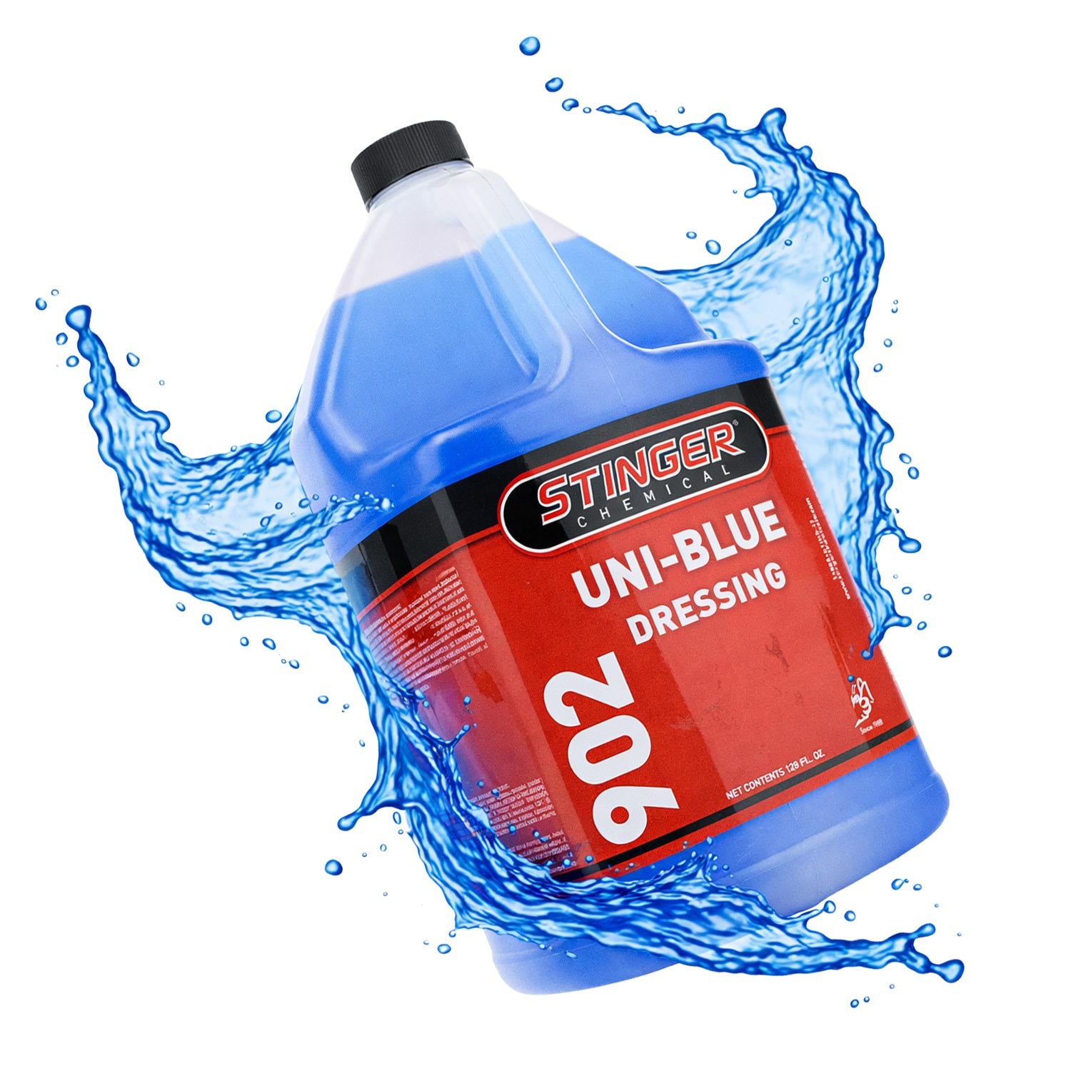Bottle of Stinger Uni-Blue Dressing with water splashes on a white background