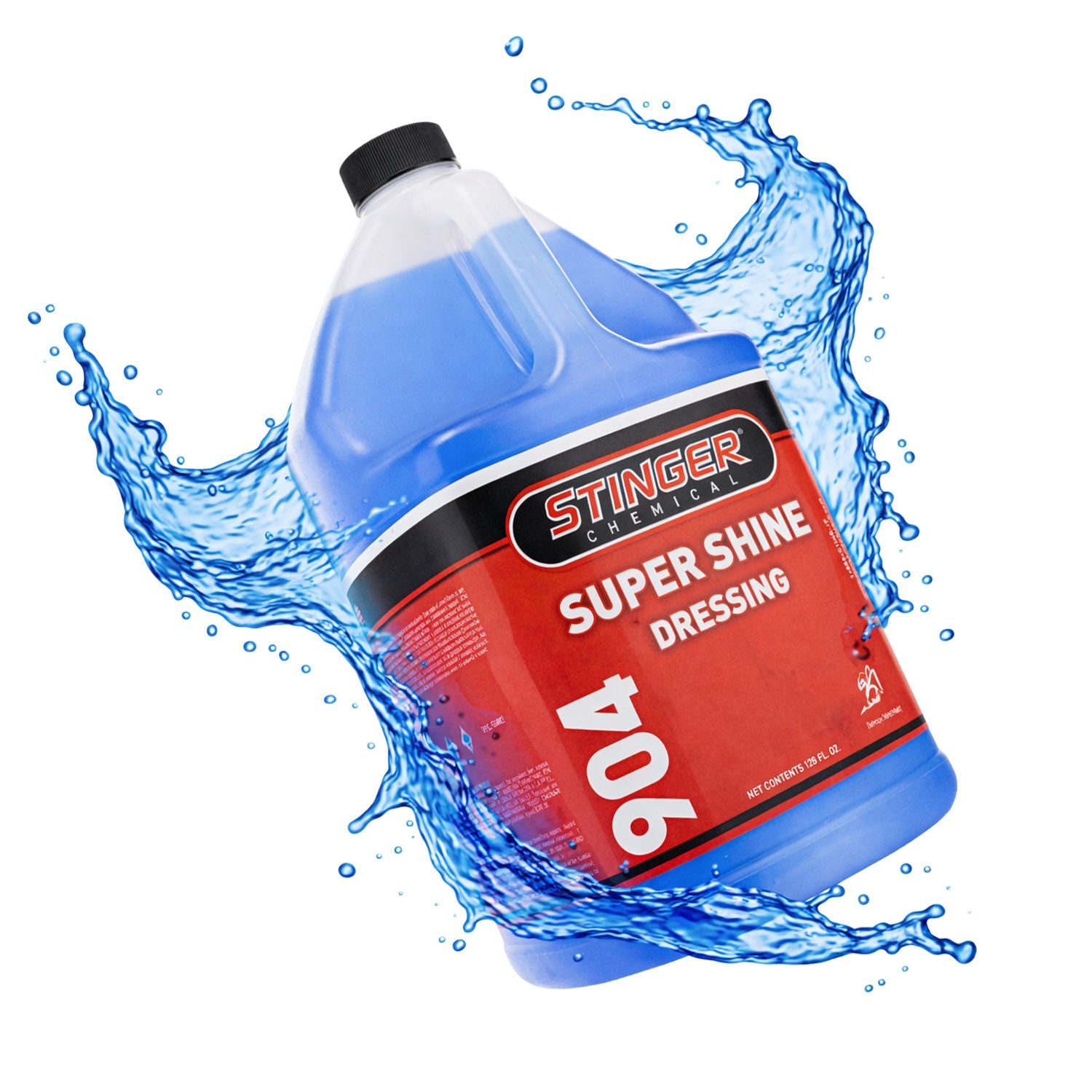 Bottle of Stinger Chemicals Super Shine Dressing with water splashes on a white background