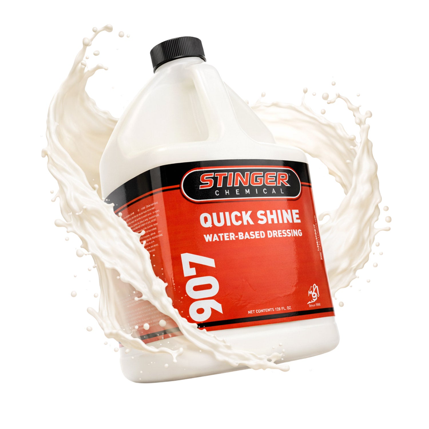 Stinger Chemical 907 Quick Shine water-based dressing bottle with liquid splash on a white background