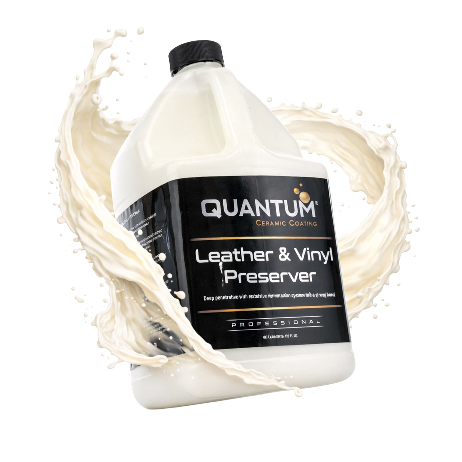 Quantum Leather & Vinyl Preserver bottle with a splash effect on a white background
