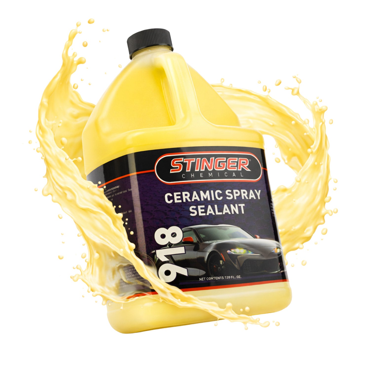 Bottle of Stinger Ceramic Spray Sealant with a splash effect on a white background