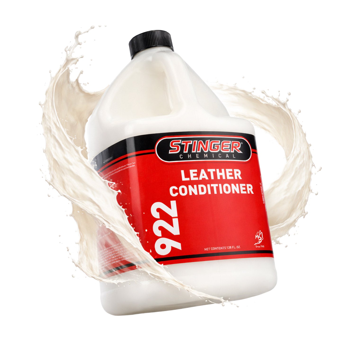 Stinger Chemicals leather conditioner bottle with red label on a white background