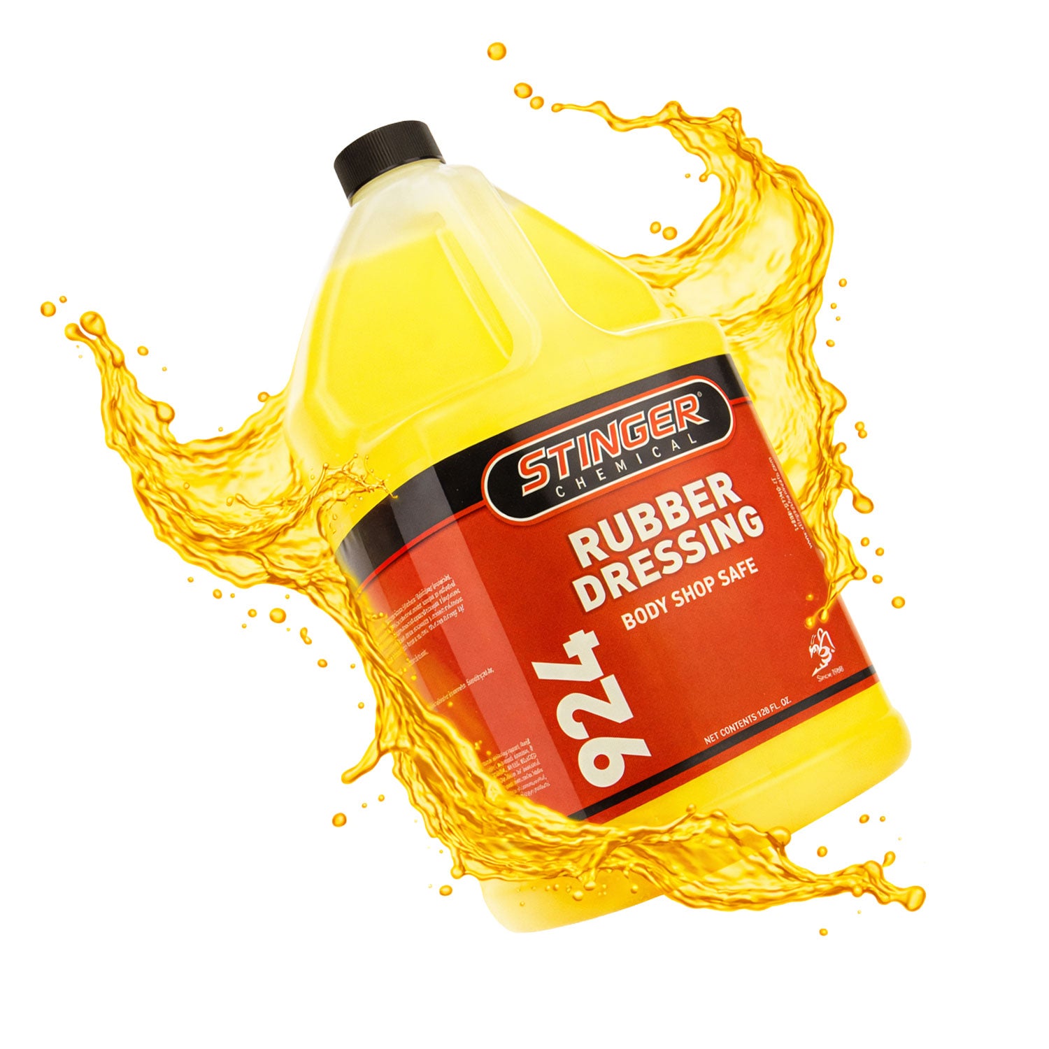 Bottle of Stinger Rubber Dressing with yellow liquid splashing around on a white background