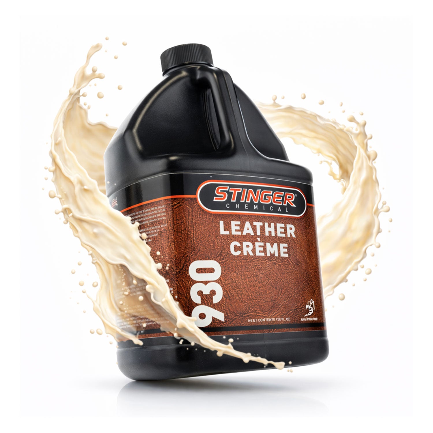Stinger Chemicals Leather Crème 930 bottle with cream splashes on a white background