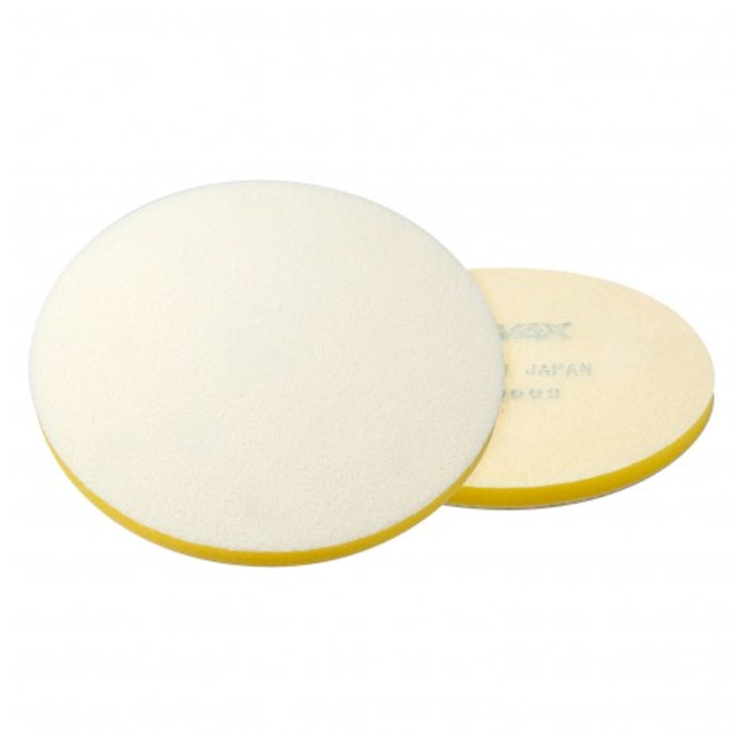 Two sanding interface pads with yellow edges on a white background