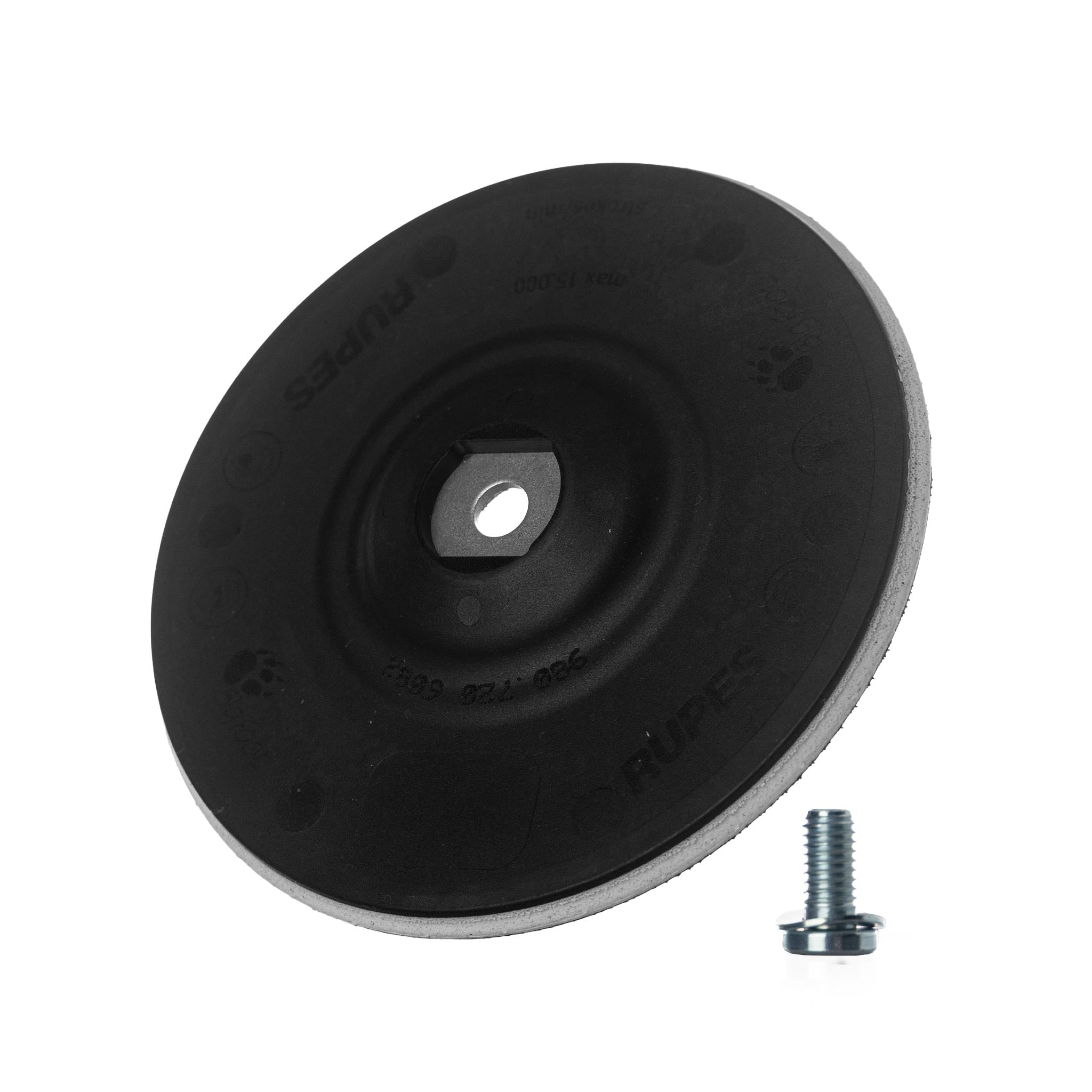 Black 5 inch backing plate with a central hole and a screw on a white background