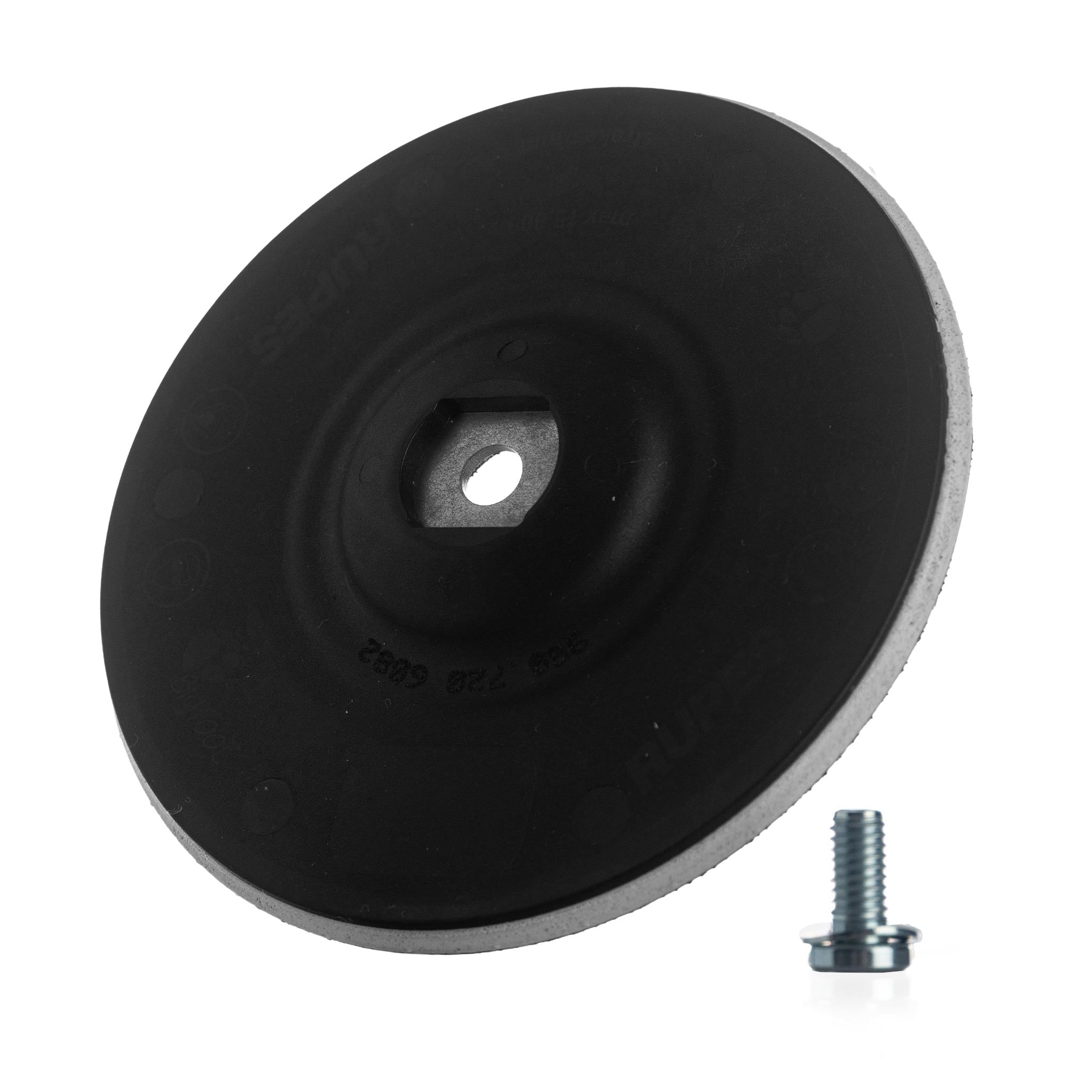 6 inch backing plate with central hole and a screw on a white background