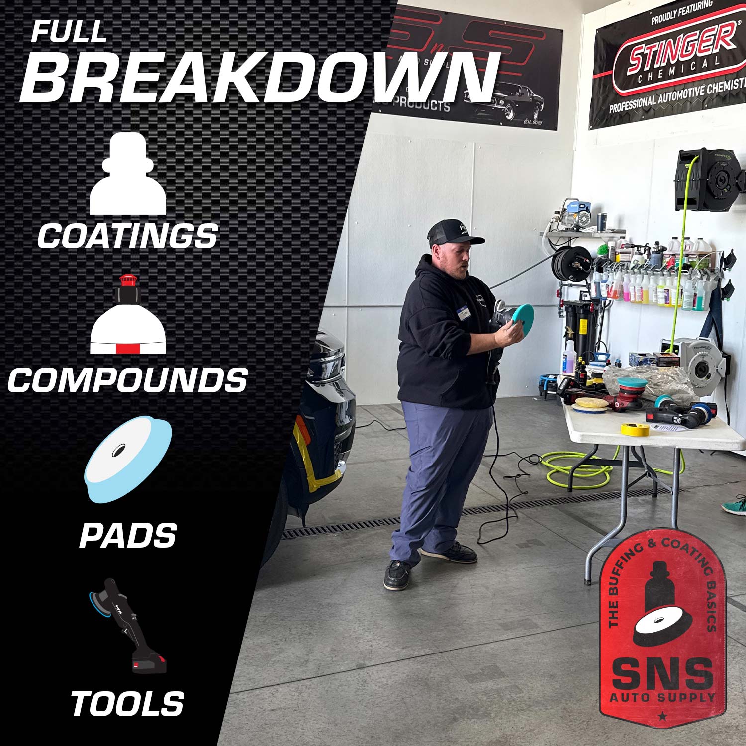 Person in a garage with automotive products and tools, featuring SNS Auto Supply branding.