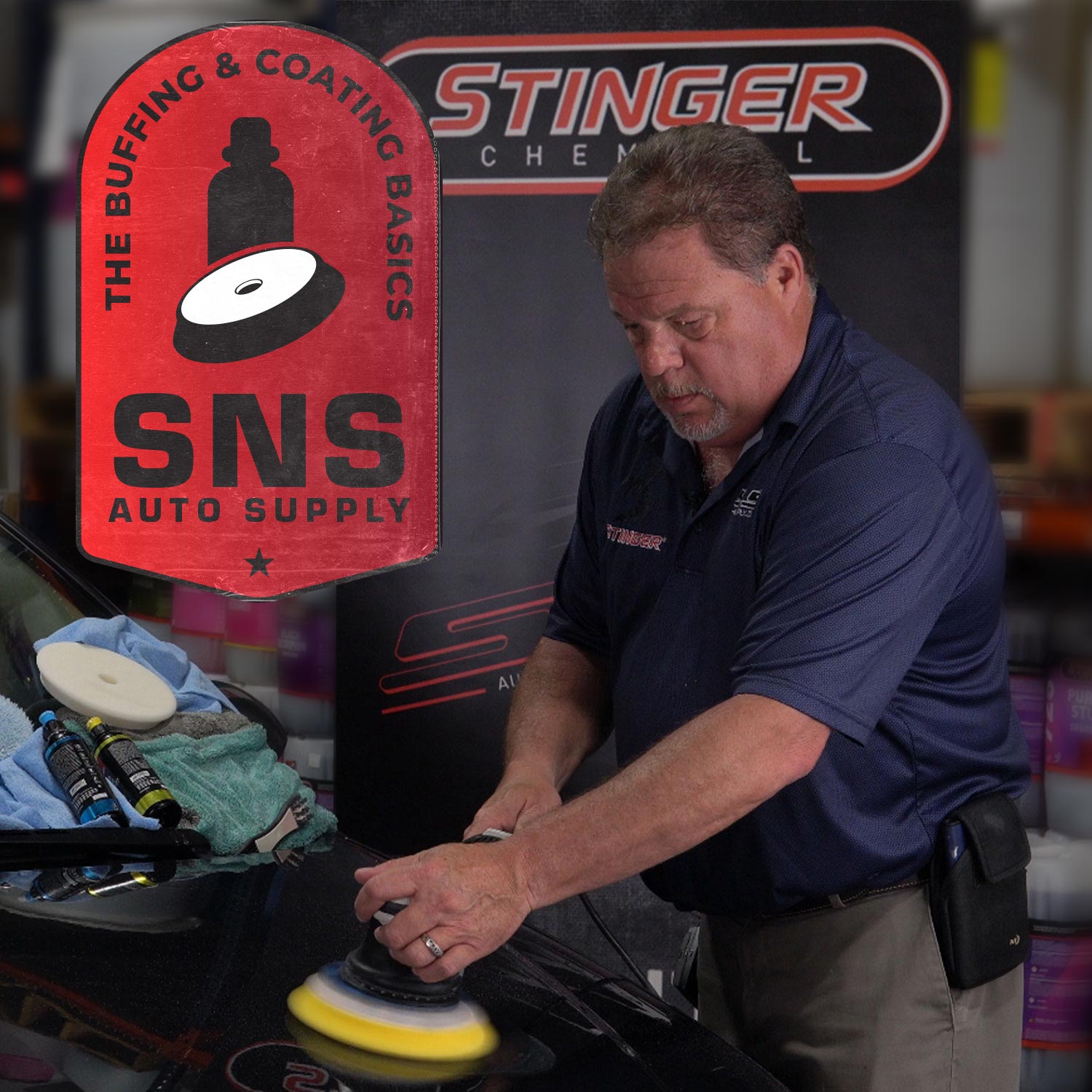 Man polishing on a car with SNS Auto Supply and Stinger Chemicals branding in the background.