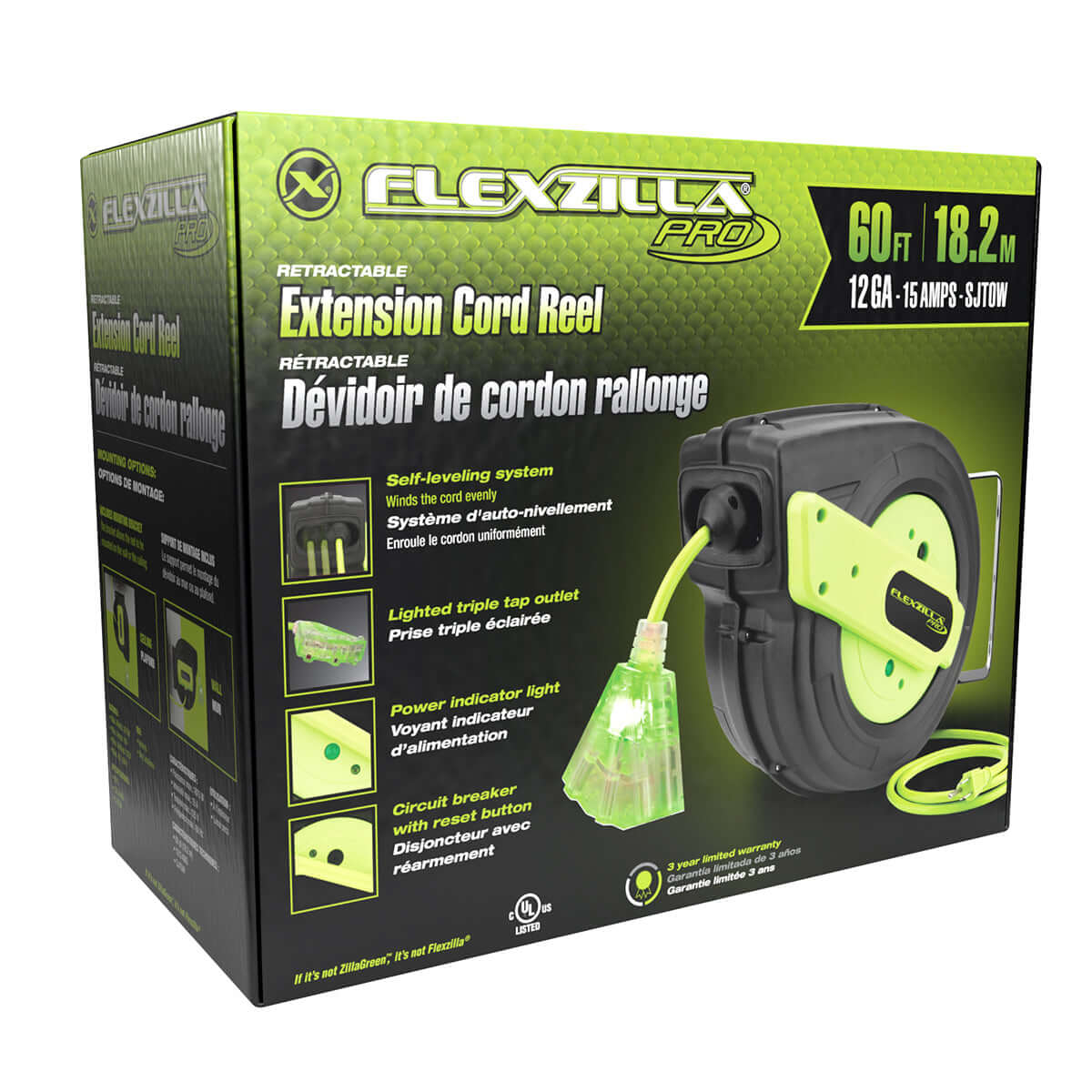 Flexzilla Pro retractable extension cord reel packaging on a white background