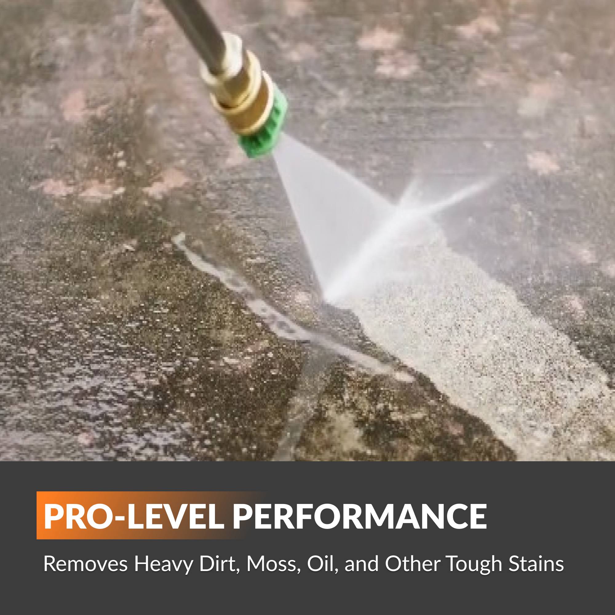 High-pressure washer cleaning a surface with text 'Pro-Level Performance' and description.
