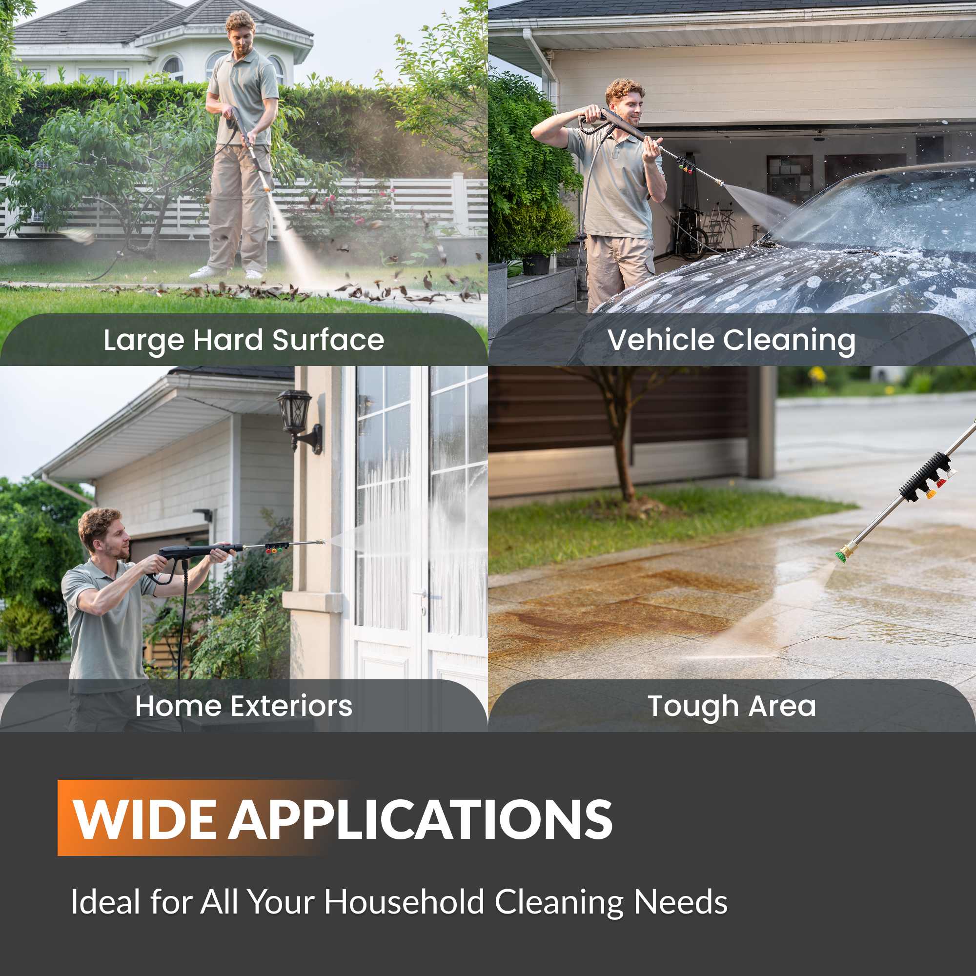 Person using a pressure washer on various surfaces with text indicating its wide applications.