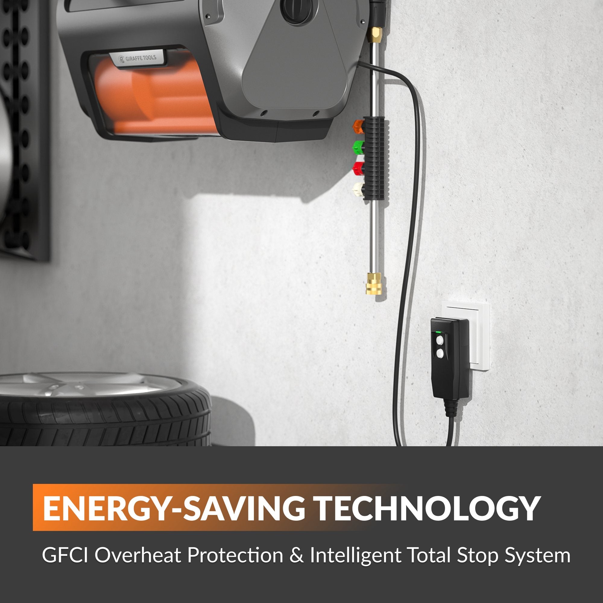 Electric air compressor with energy-saving technology features on a gray background