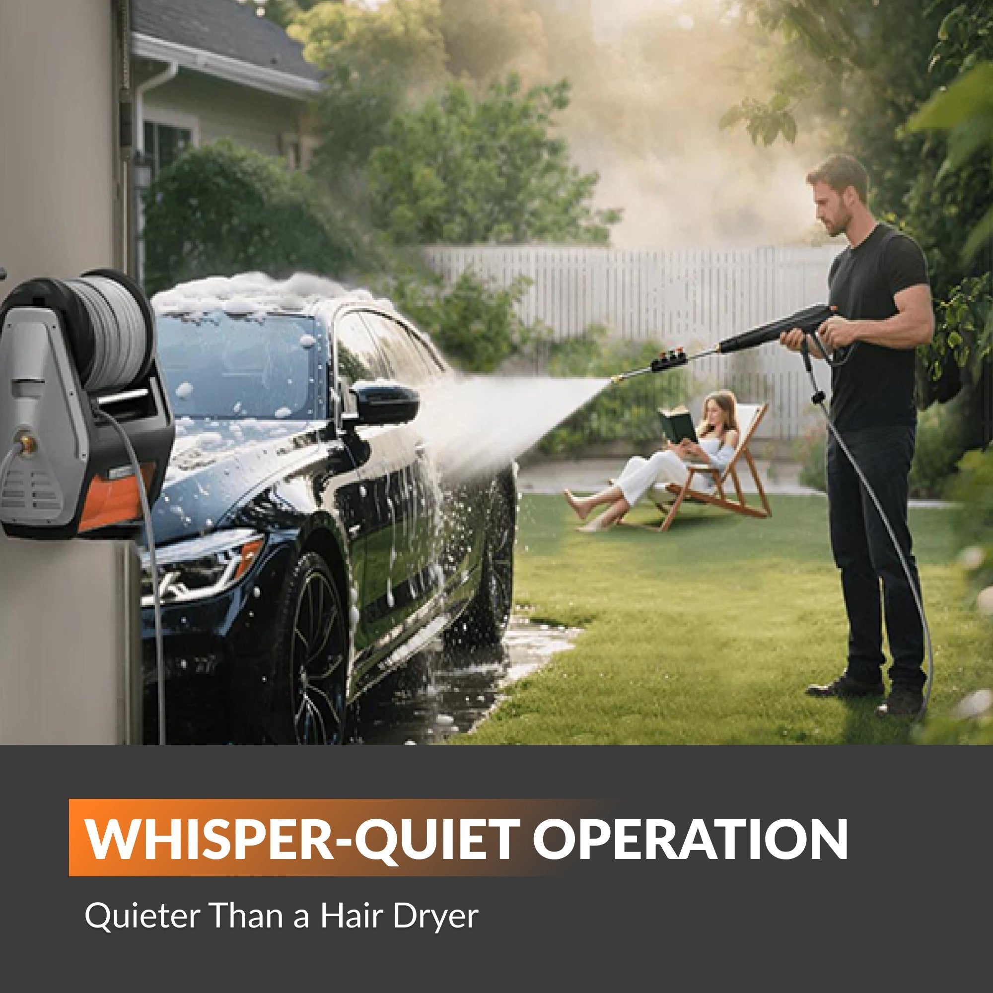 Person washing a car with a high-pressure washer in a garden, with 'Whisper-Quiet Operation' text displayed.