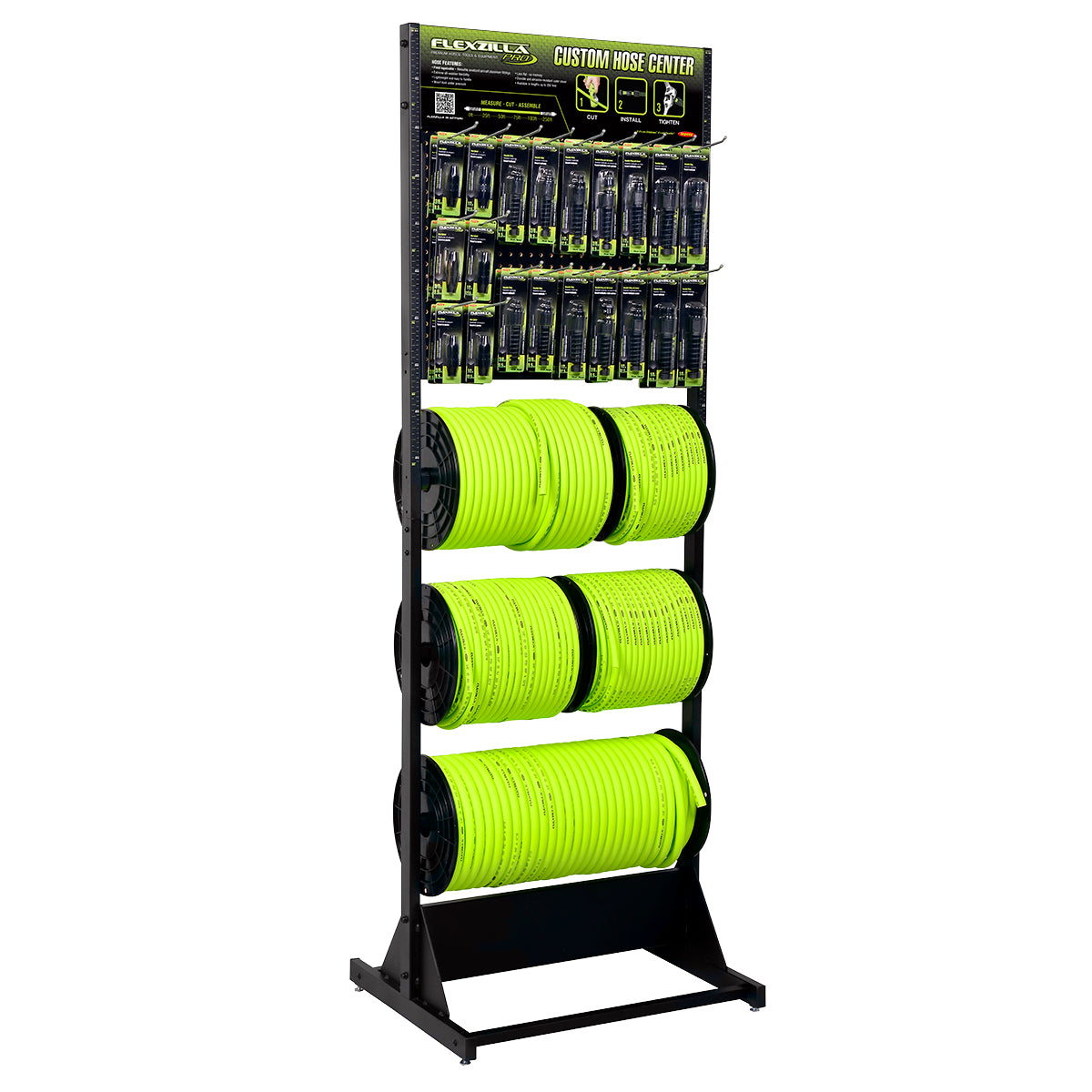 Display stand with green hoses and Flexzilla branding on a white background