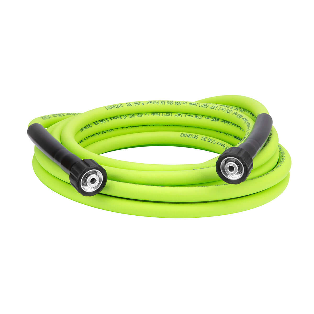 Flexzilla 25 foot Coiled green pressure washer hose with quick connectors on a white background