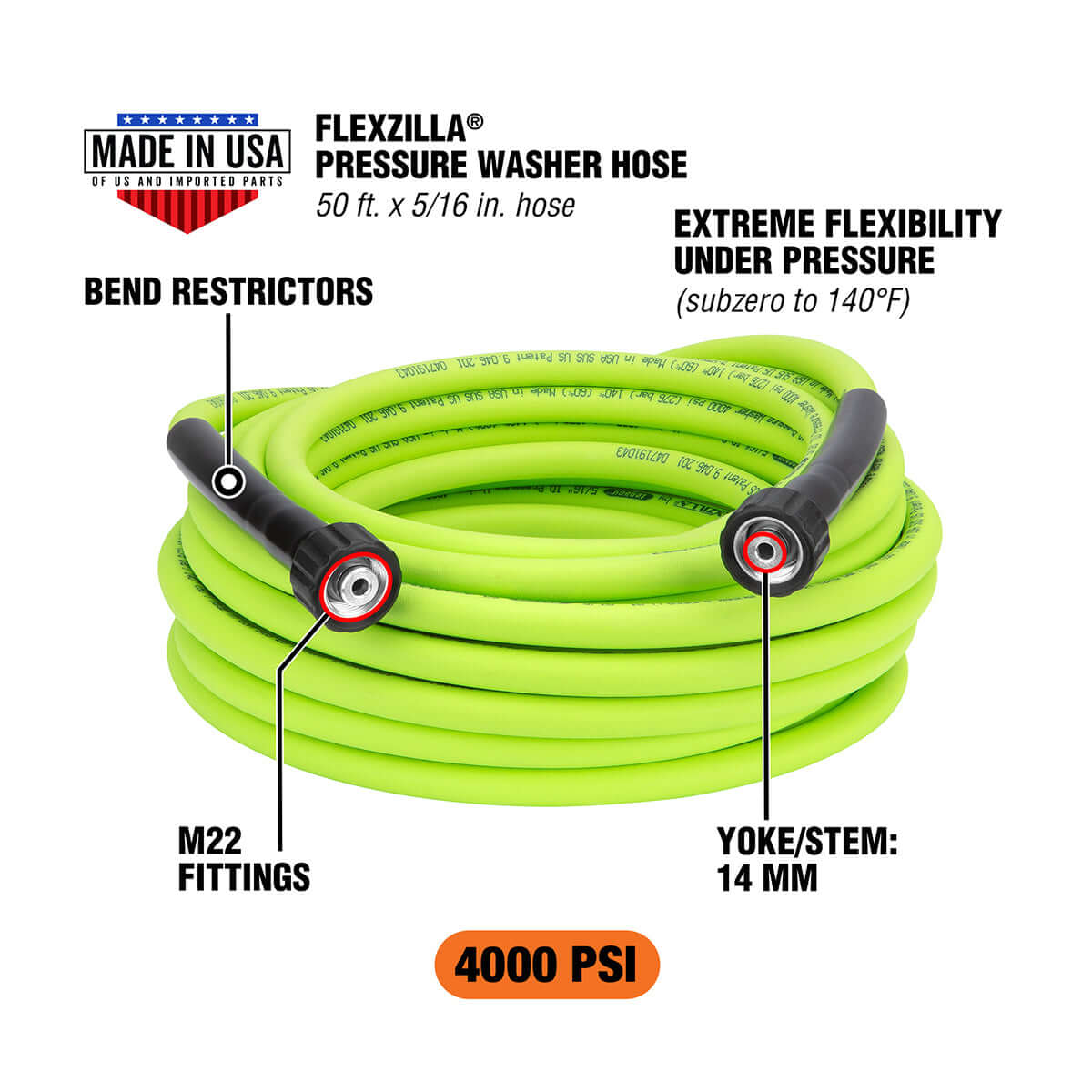 Flexzilla pressure washer hose with features highlighted on a white background