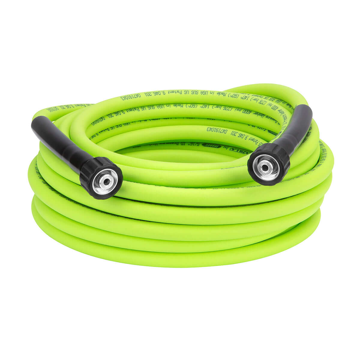 Flexzilla 50 foot Coiled green pressure washer hose with quick connectors on a white background