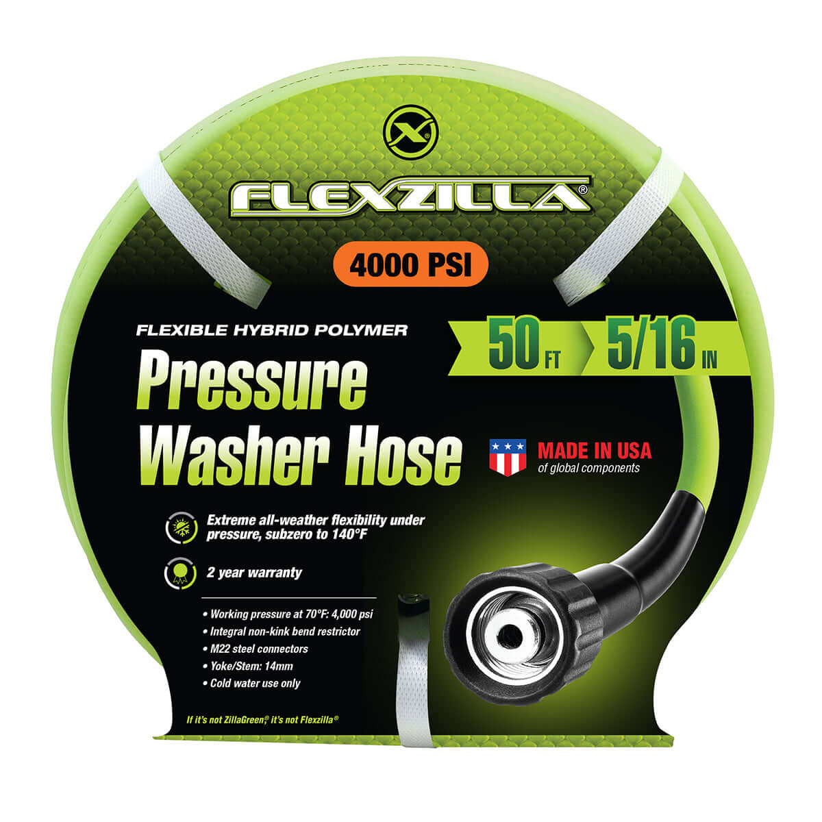 Flexzilla pressure washer hose packaging with green and black design.