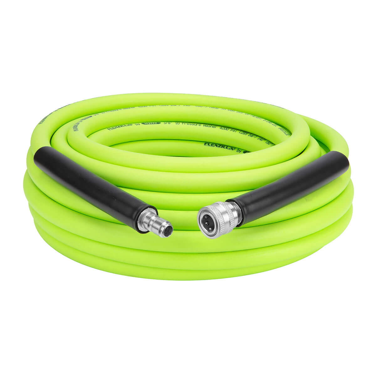 Flexzilla 50 foot coiled pressure washer hose with quick connectors on a white background