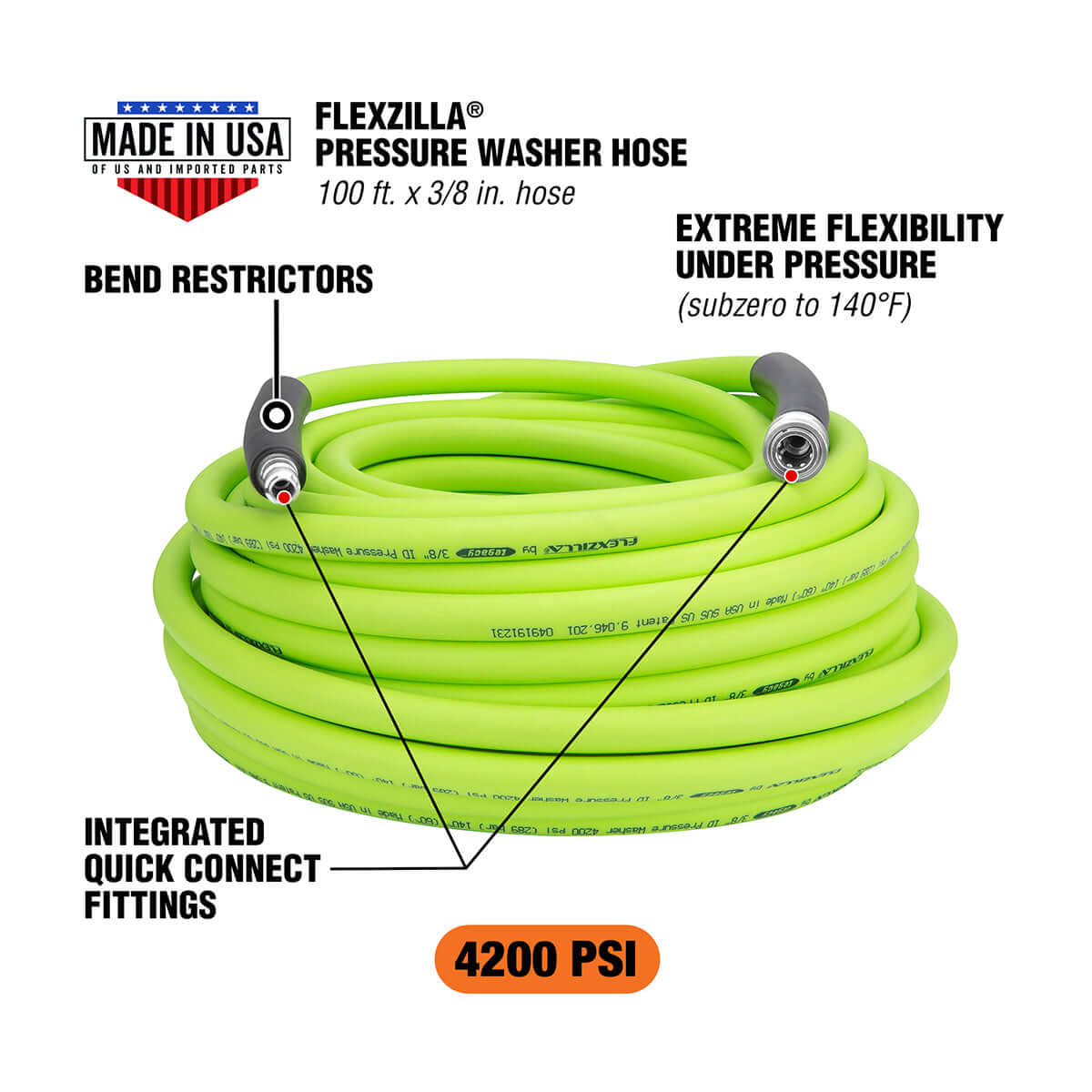 Flexzilla pressure washer hose with features highlighted on a white background