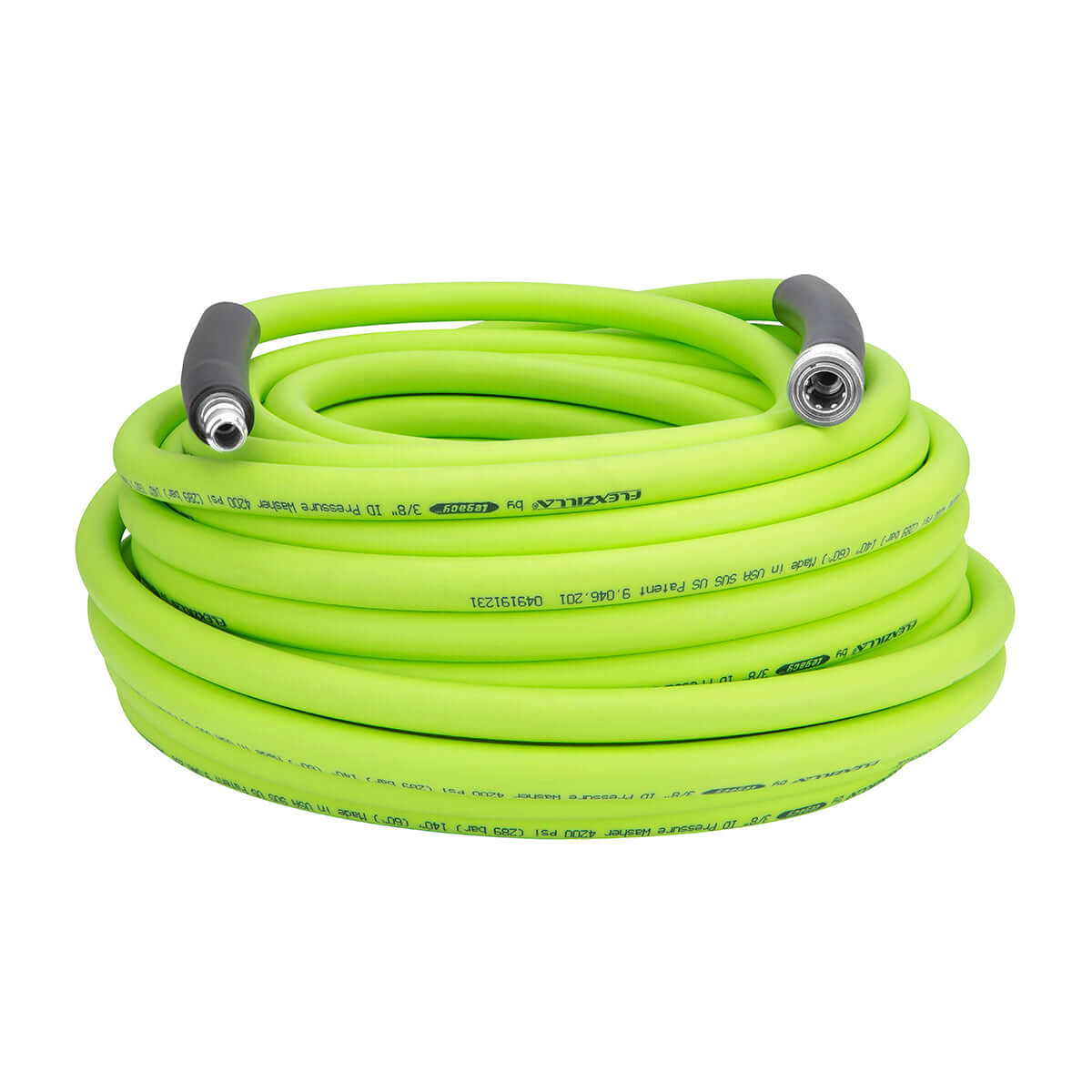 Flexzilla 100 foot coiled pressure washer hose with quick connectors on a white background