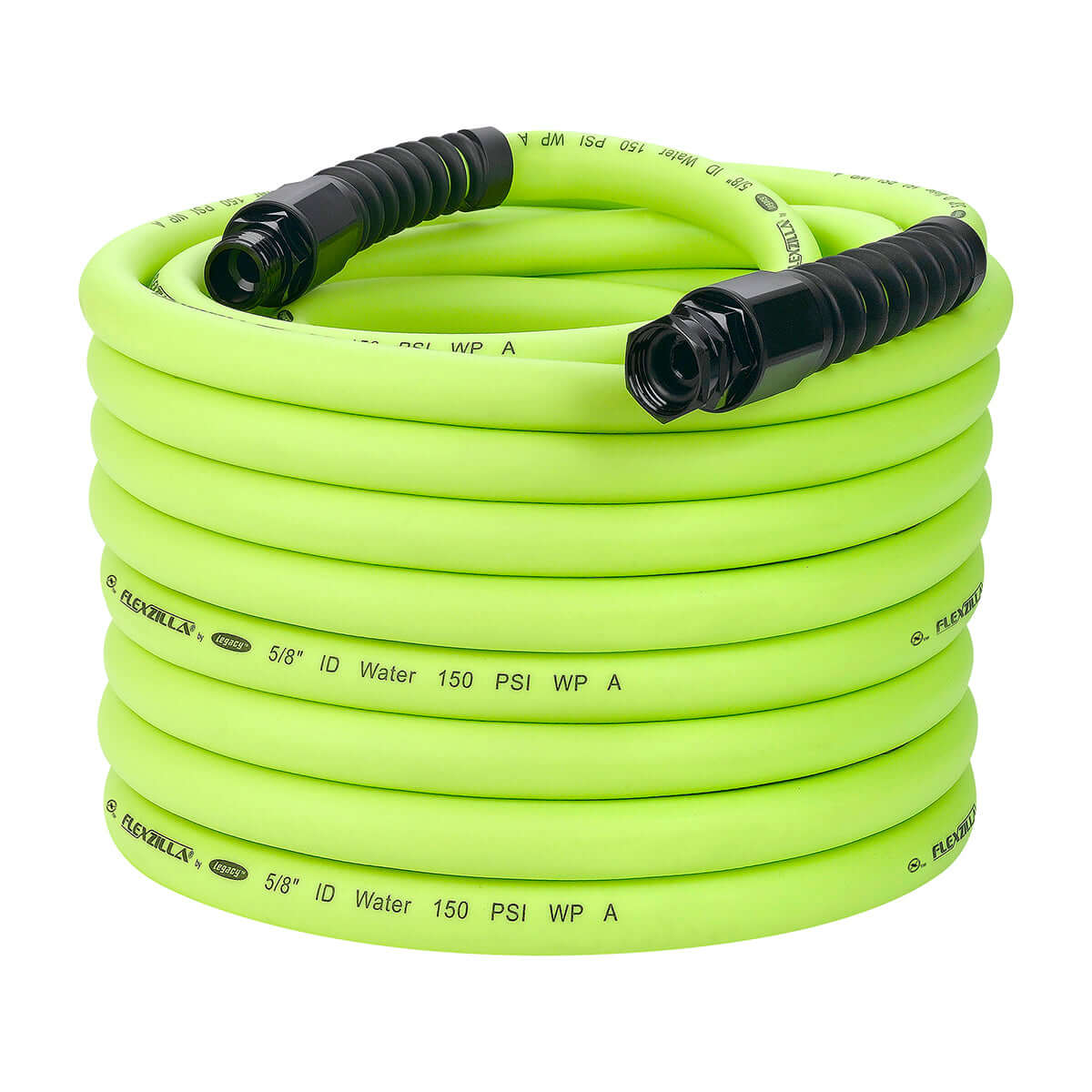 Flexzilla 100 foot Lime Green Coiled garden hose with black connectors on a white background