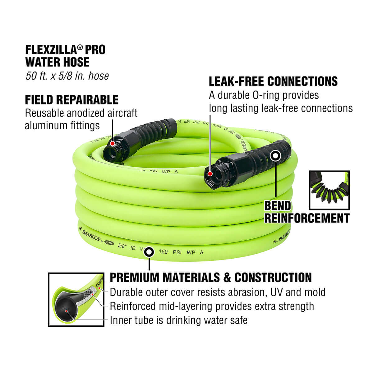 Flexzilla Pro water hose with features listed on a white background