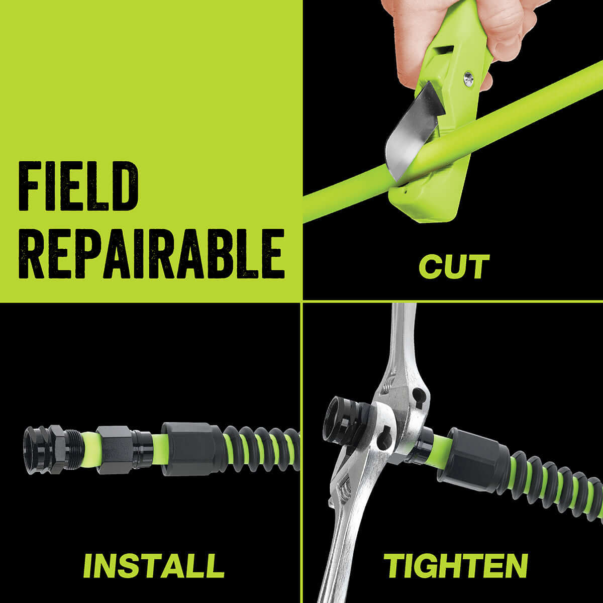 Product demonstration of a field repairable flexzilla hoses with text indicating installation and tightening steps.