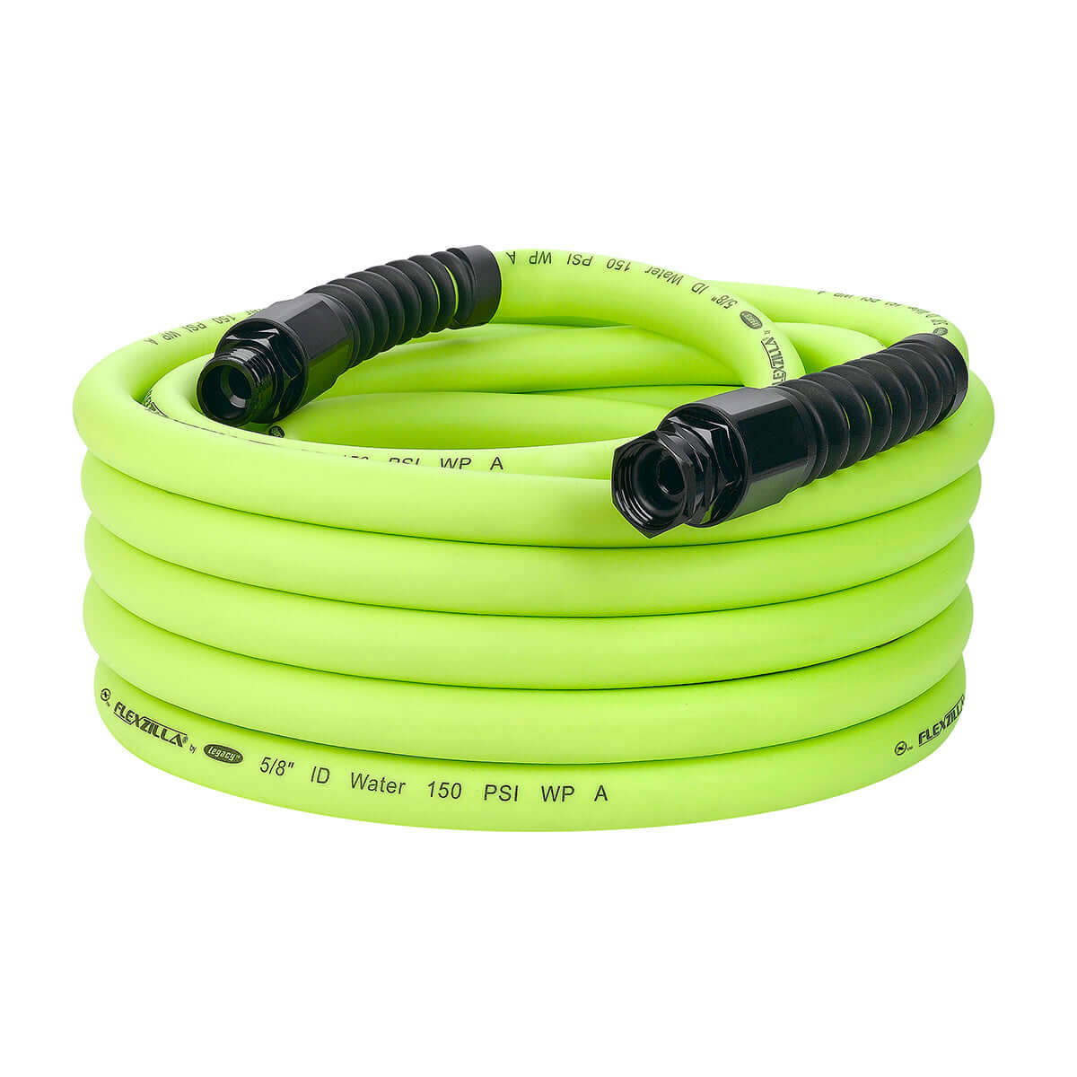 Flexzilla 50 foot Lime Green Coiled garden hose with black connectors on a white background
