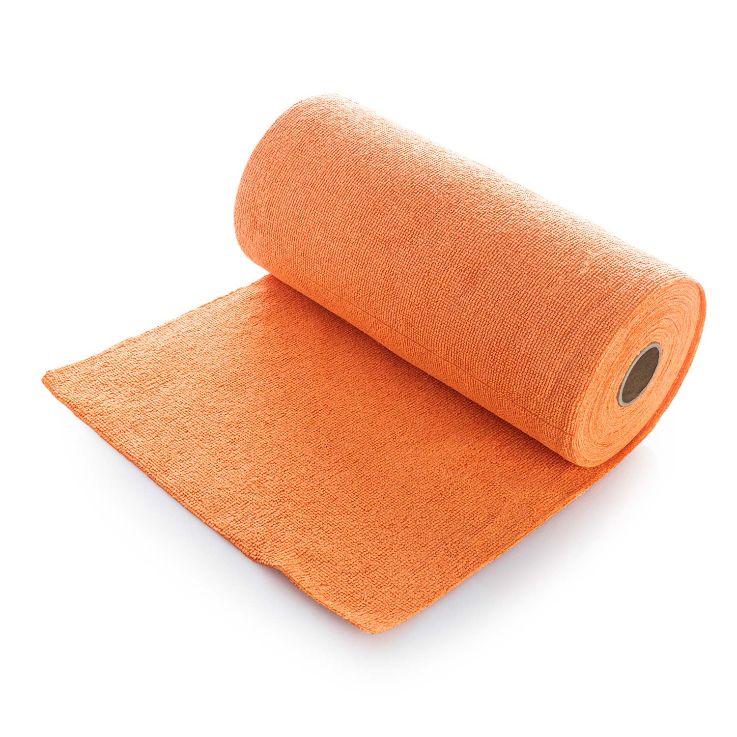 Roll of orange microfiber towels on a white background
