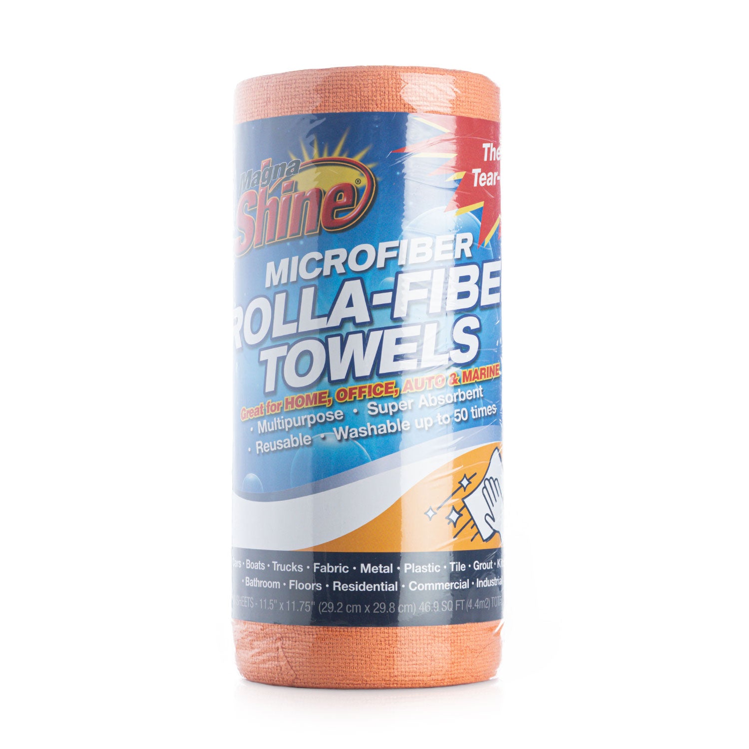 Roll of microfiber rolla-fiber towels with a colorful label on a white background
