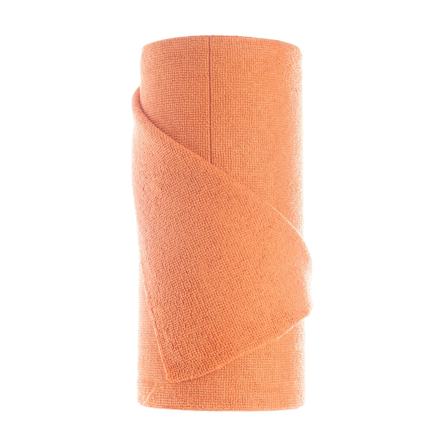 Roll of orange microfiber towels on a white background