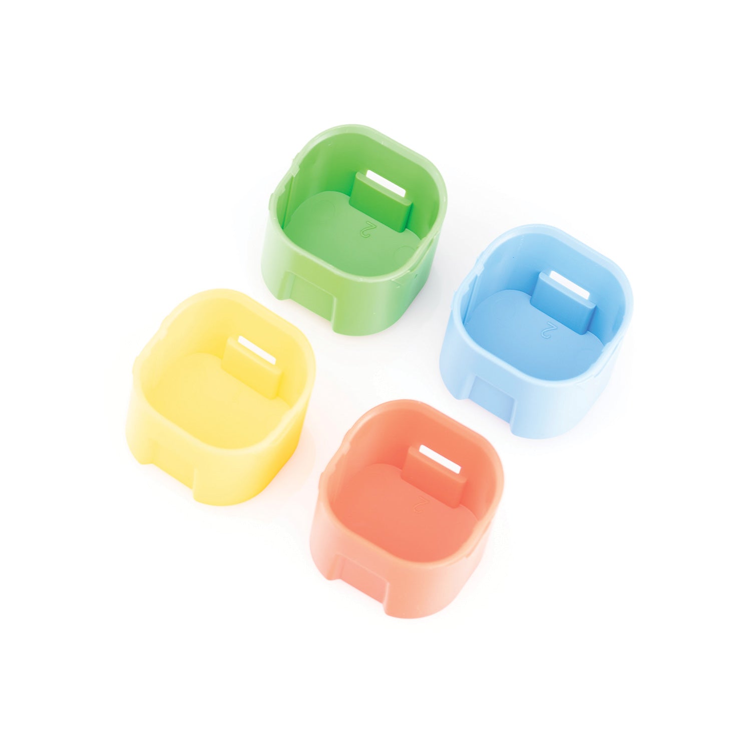 Four colorful plastic IK Identification tabs on a white background