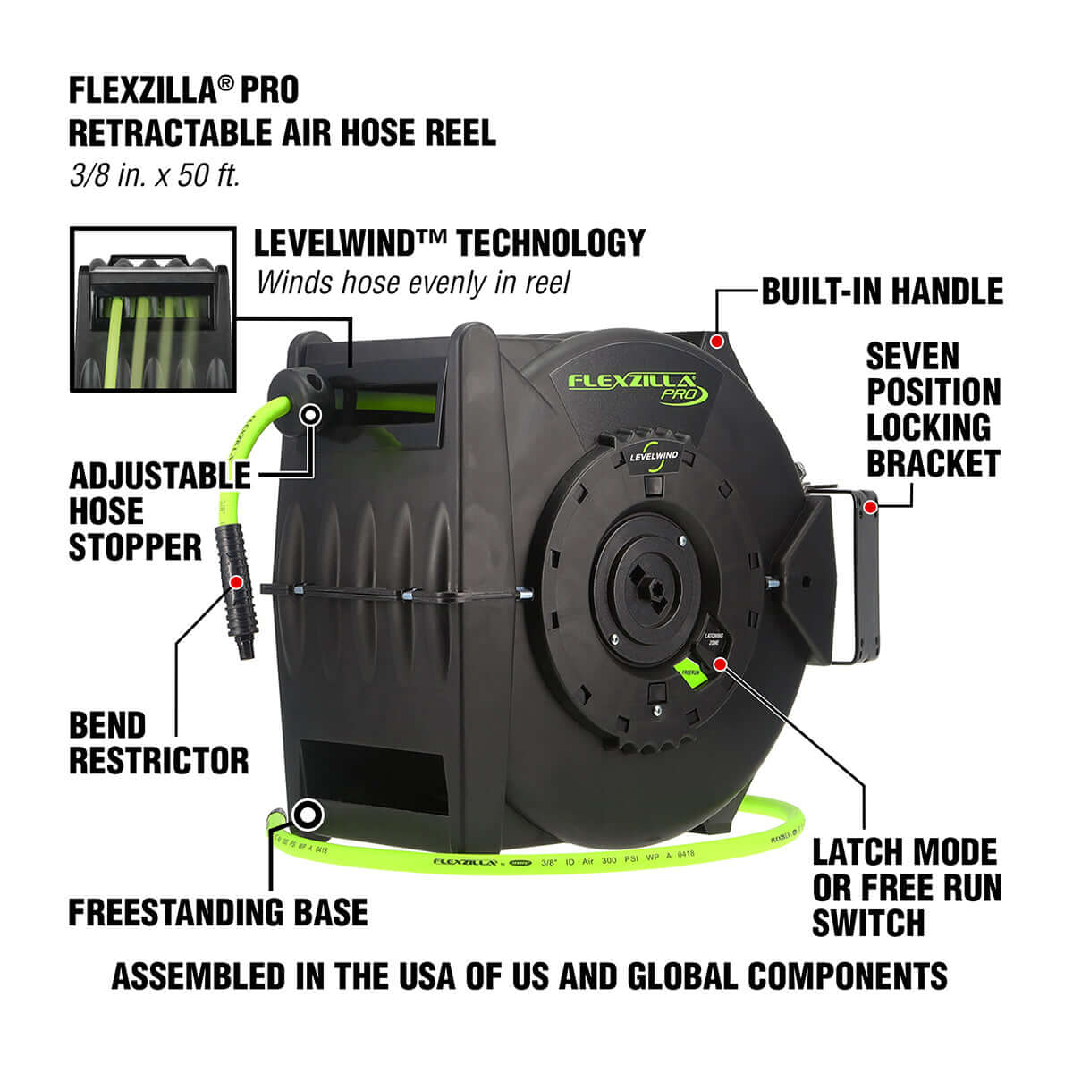 Flexzilla Pro retractable air hose reel with features highlighted
