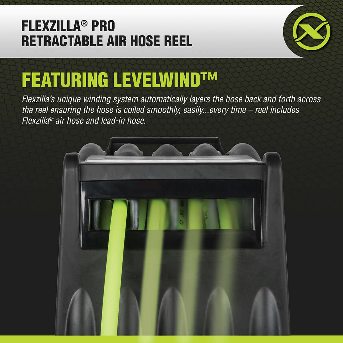 Flexzilla Pro retractable air hose reel with Levelwind system on a black background