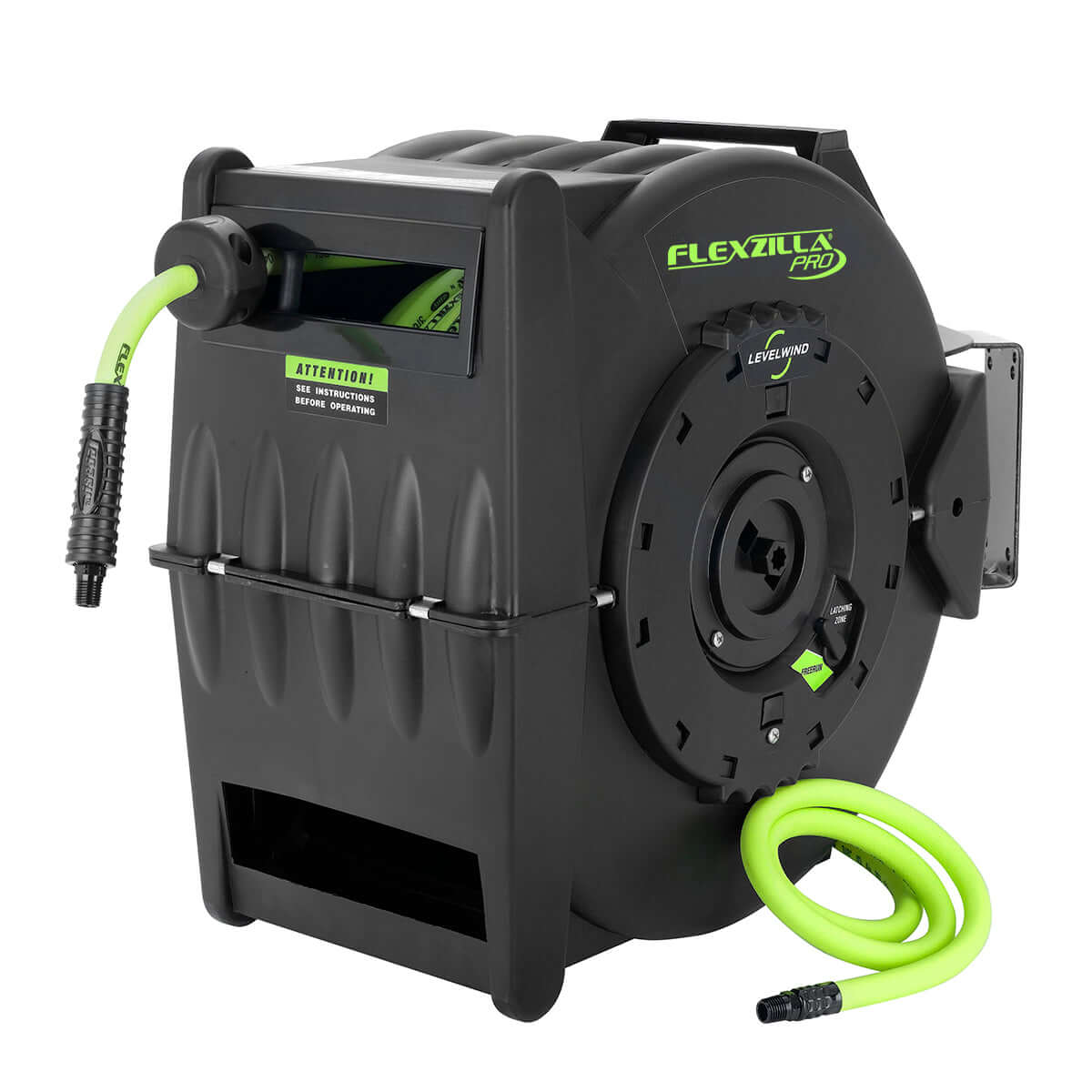 Black hose reel with 75 foot green flexzilla hose on a white background
