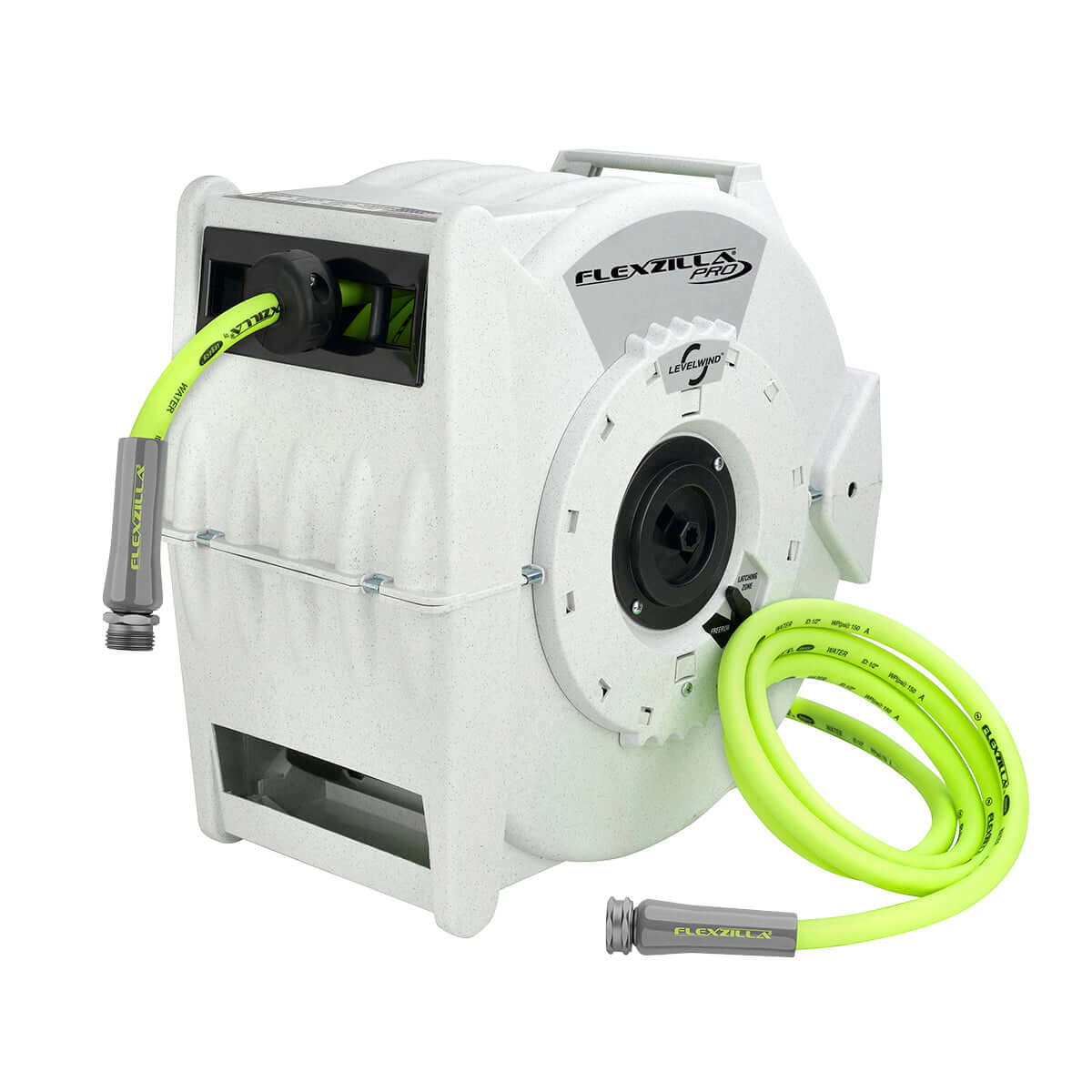 Flexzilla hose reel with lime green hose on a white background