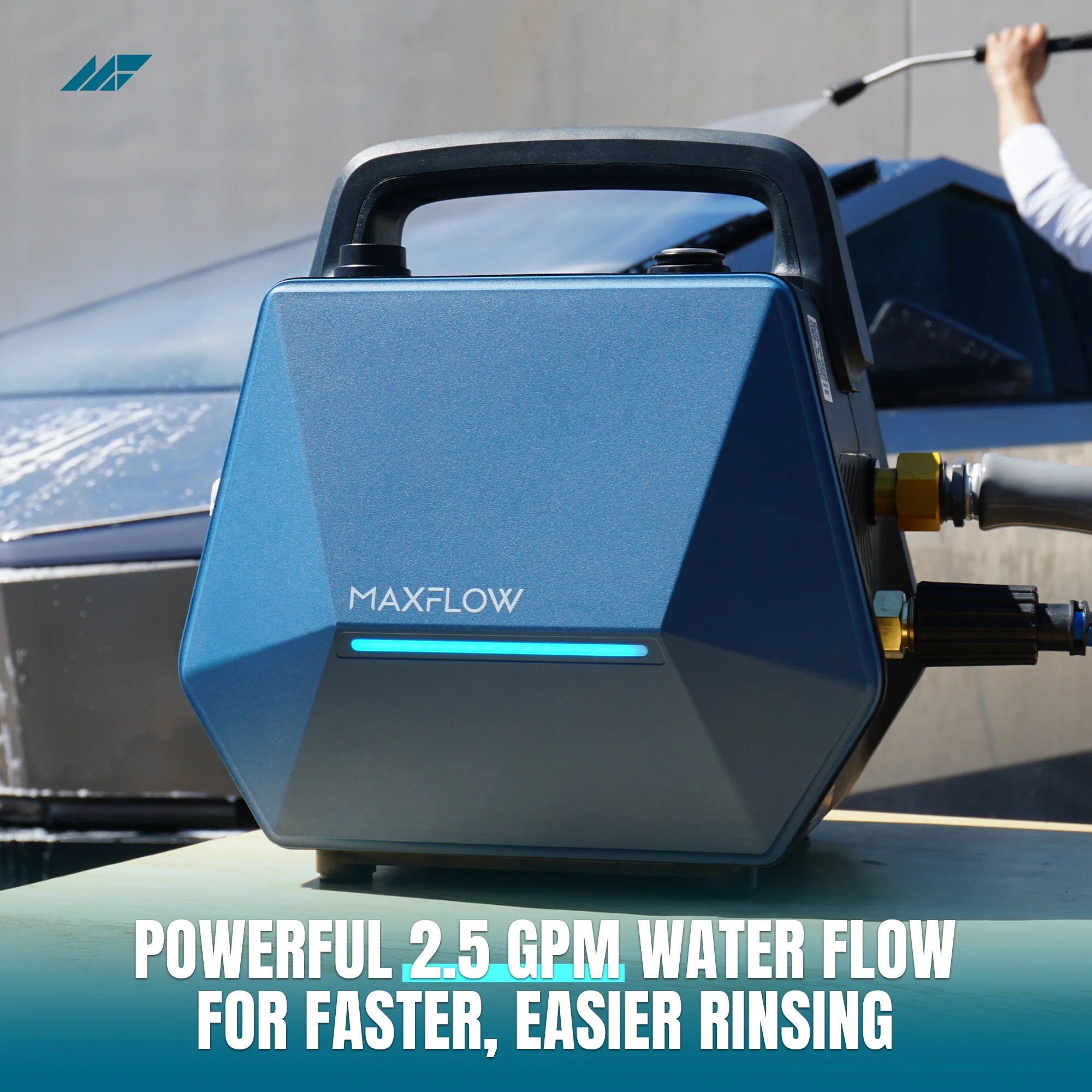 Blue MAXFLOW pressure washer with text about water flow capabilities.